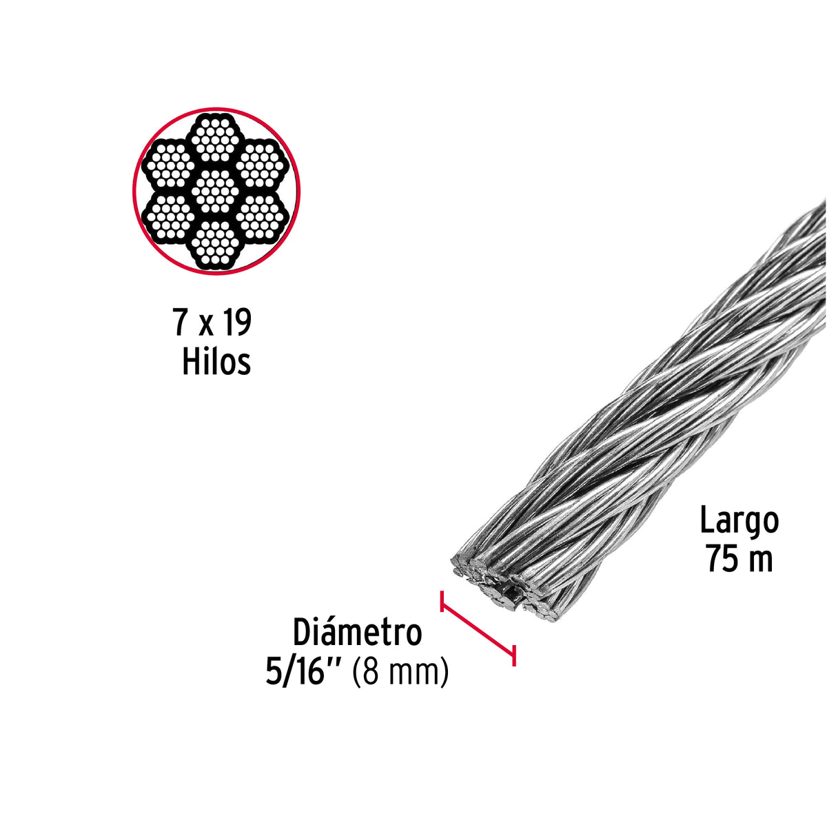 Cable flexible de acero 5/16", 7X19, 75 m