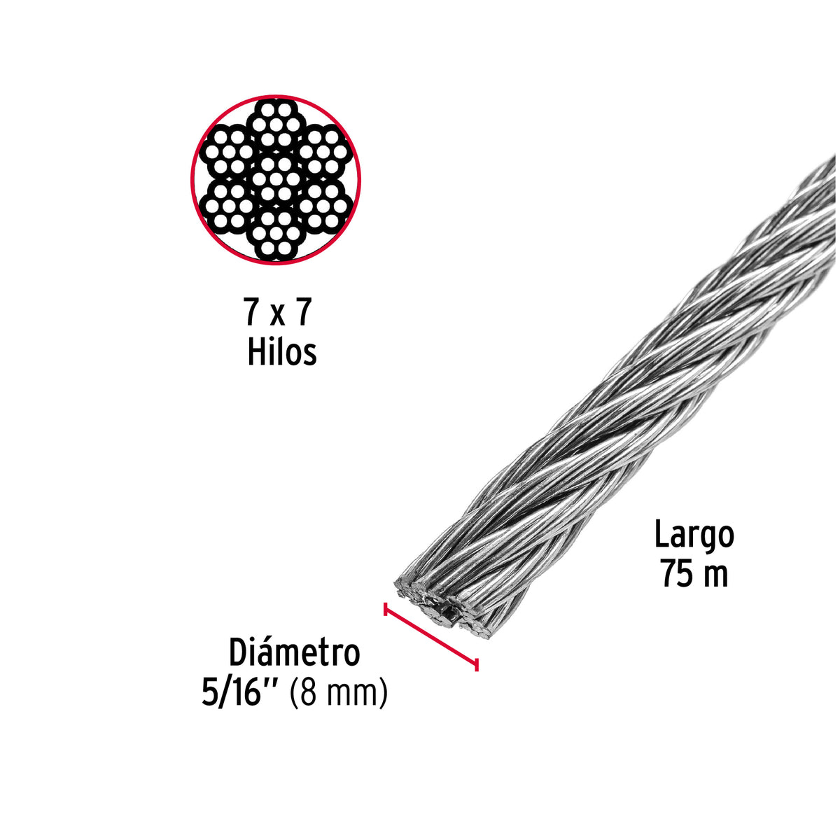 Cable rígido de acero 5/16", 7X7, 75 m