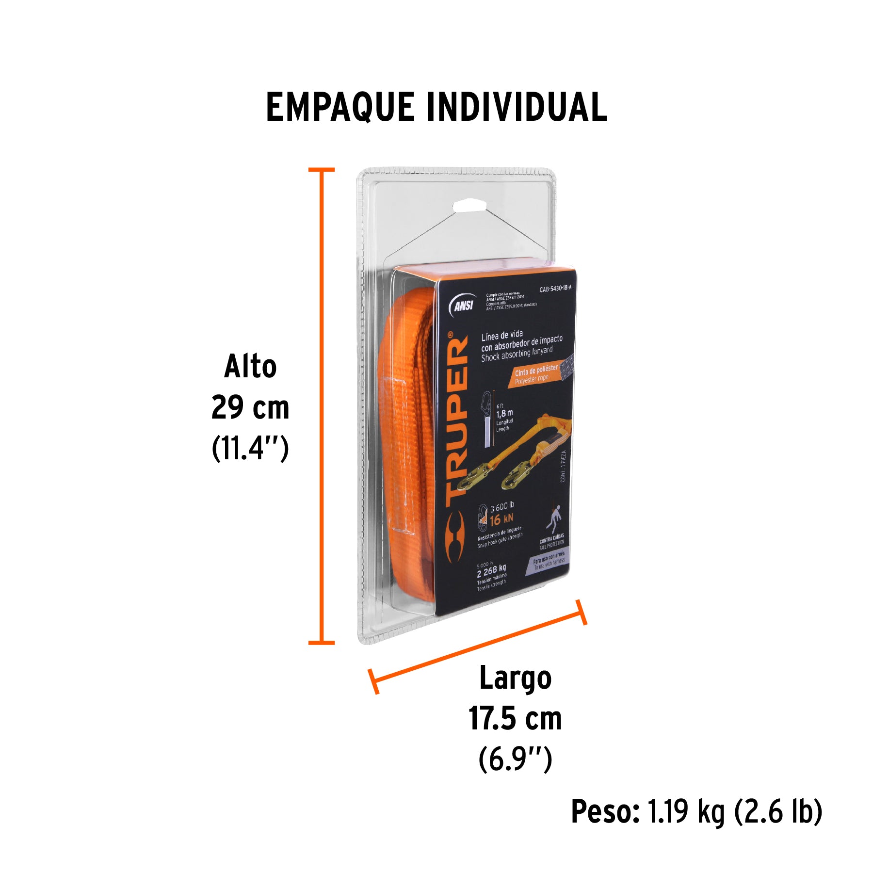 Línea de vida con absorbedor de impacto, 1.8 m, ANSI