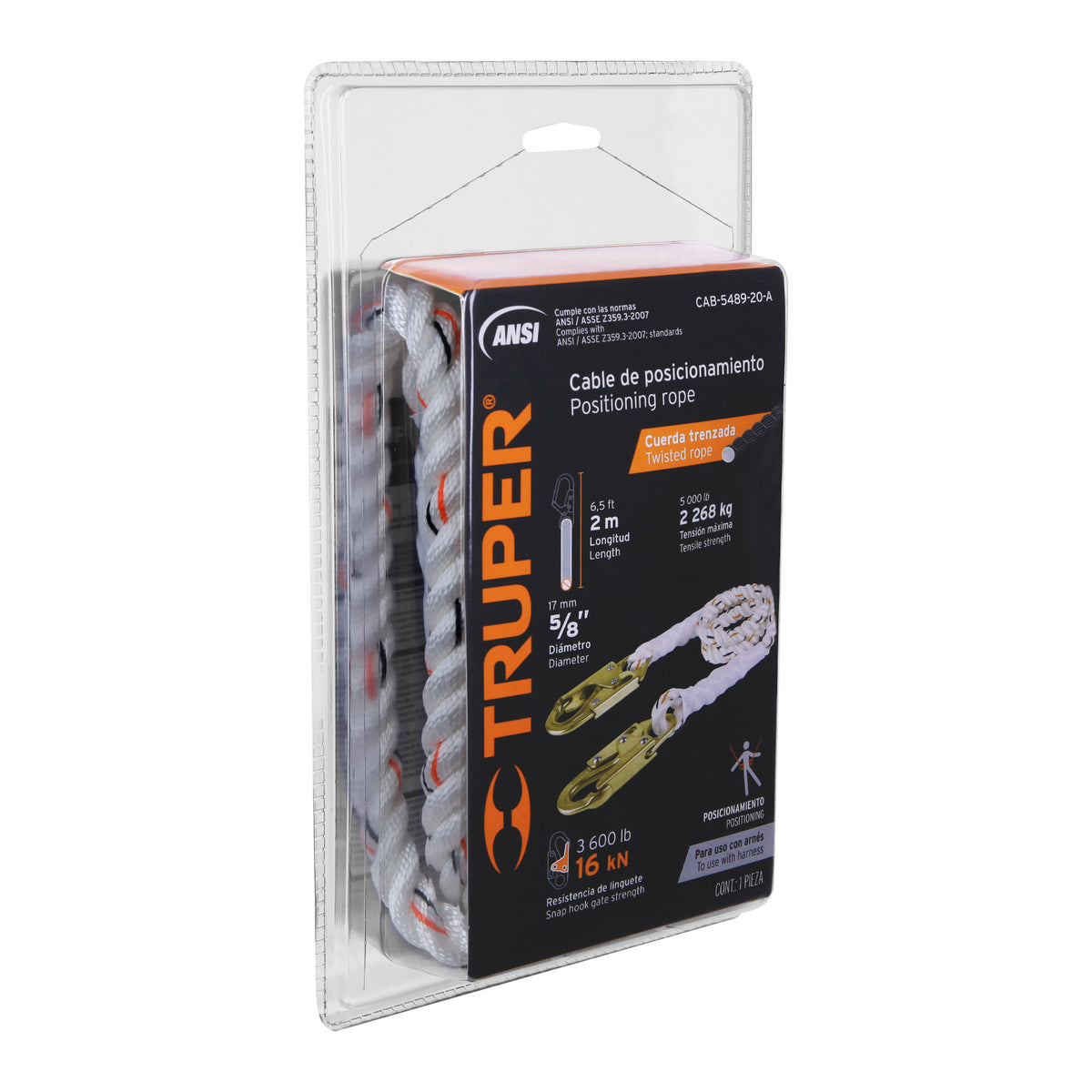 Cable de posicionamiento con 2 ganchos, 2 m, ANSI