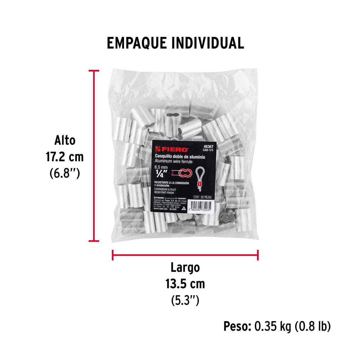 Bolsa con 50 casquillos dobles de aluminio, 1/4', Fiero