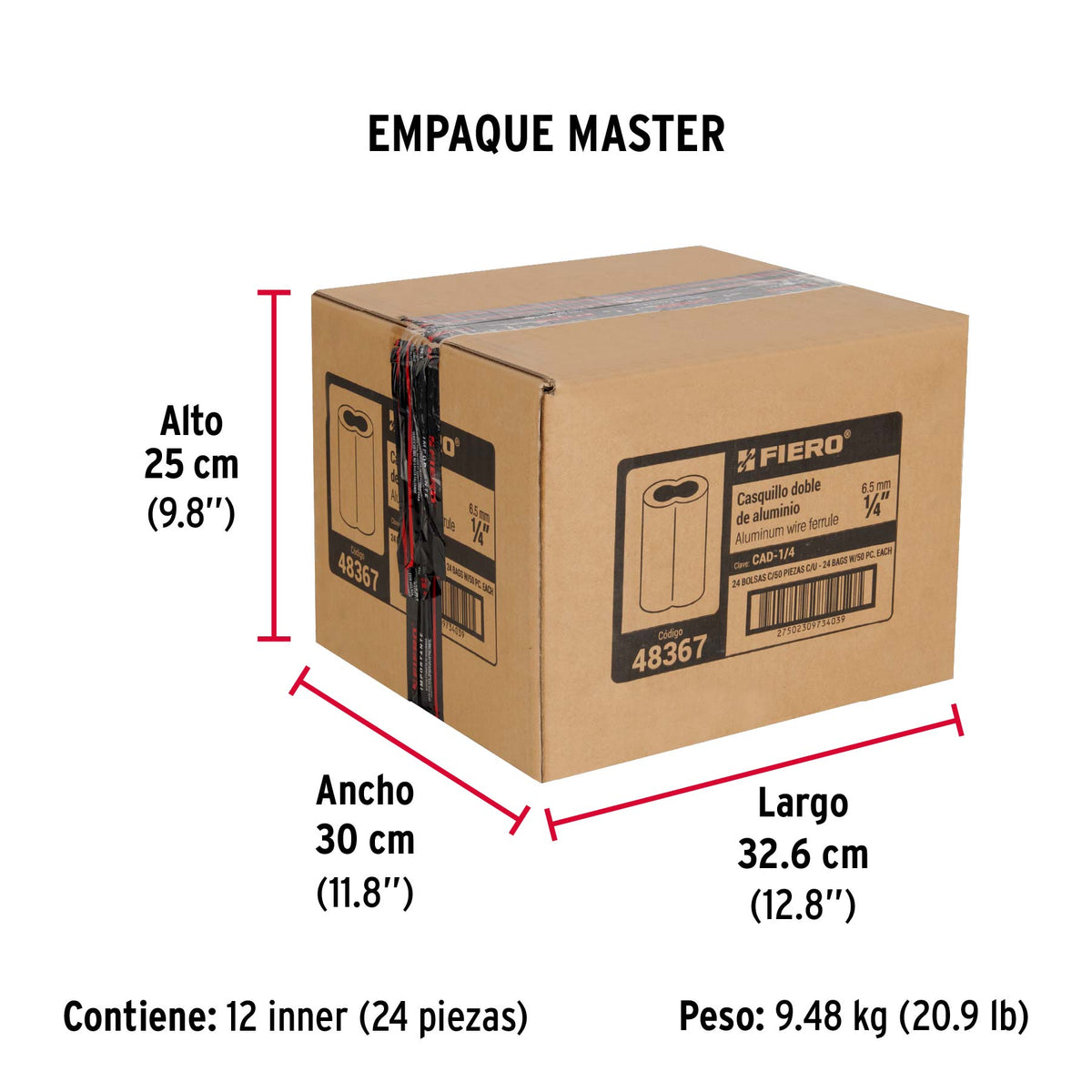 Bolsa con 50 casquillos dobles de aluminio, 1/4', Fiero