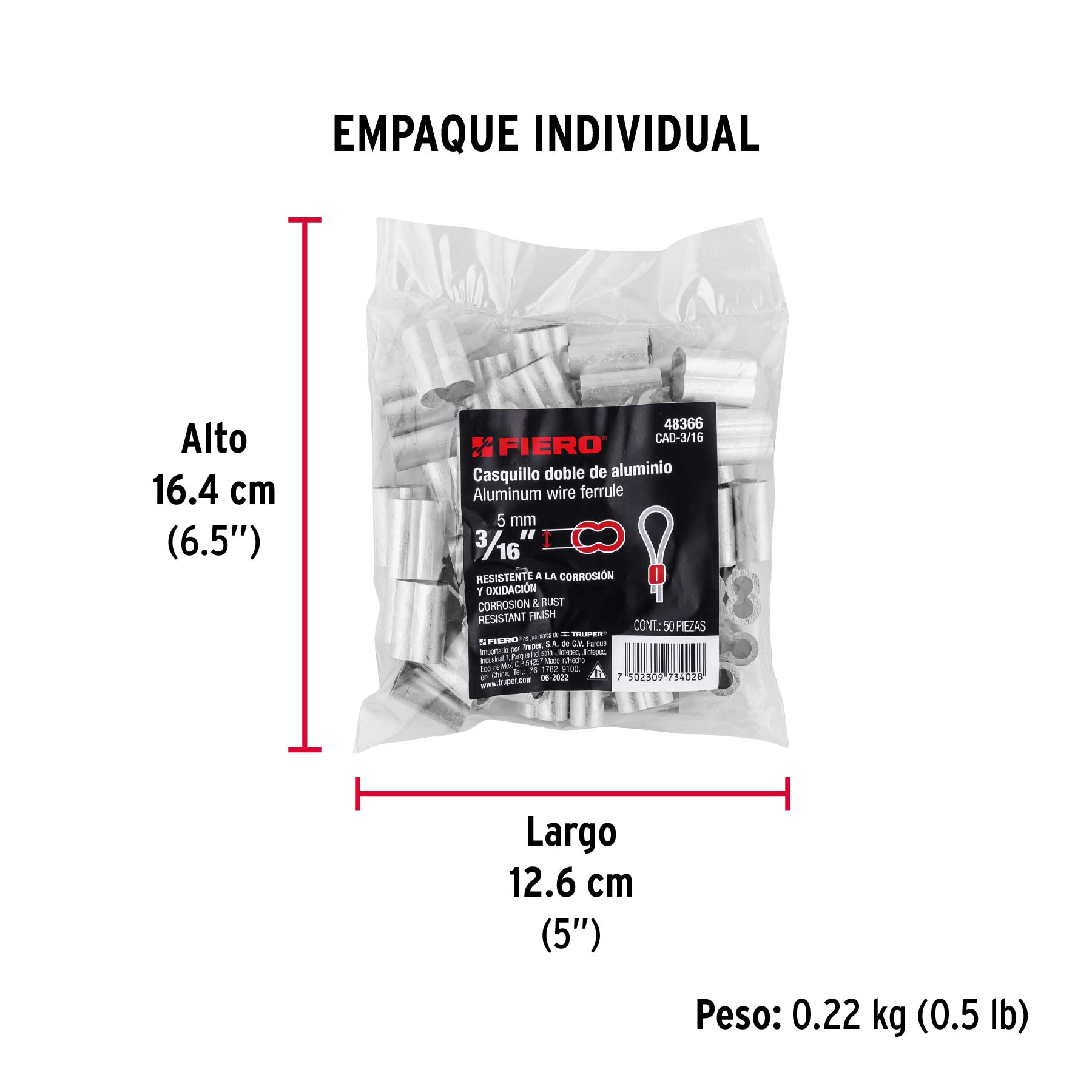 Bolsa con 50 casquillos dobles de aluminio, 3/16', Fiero