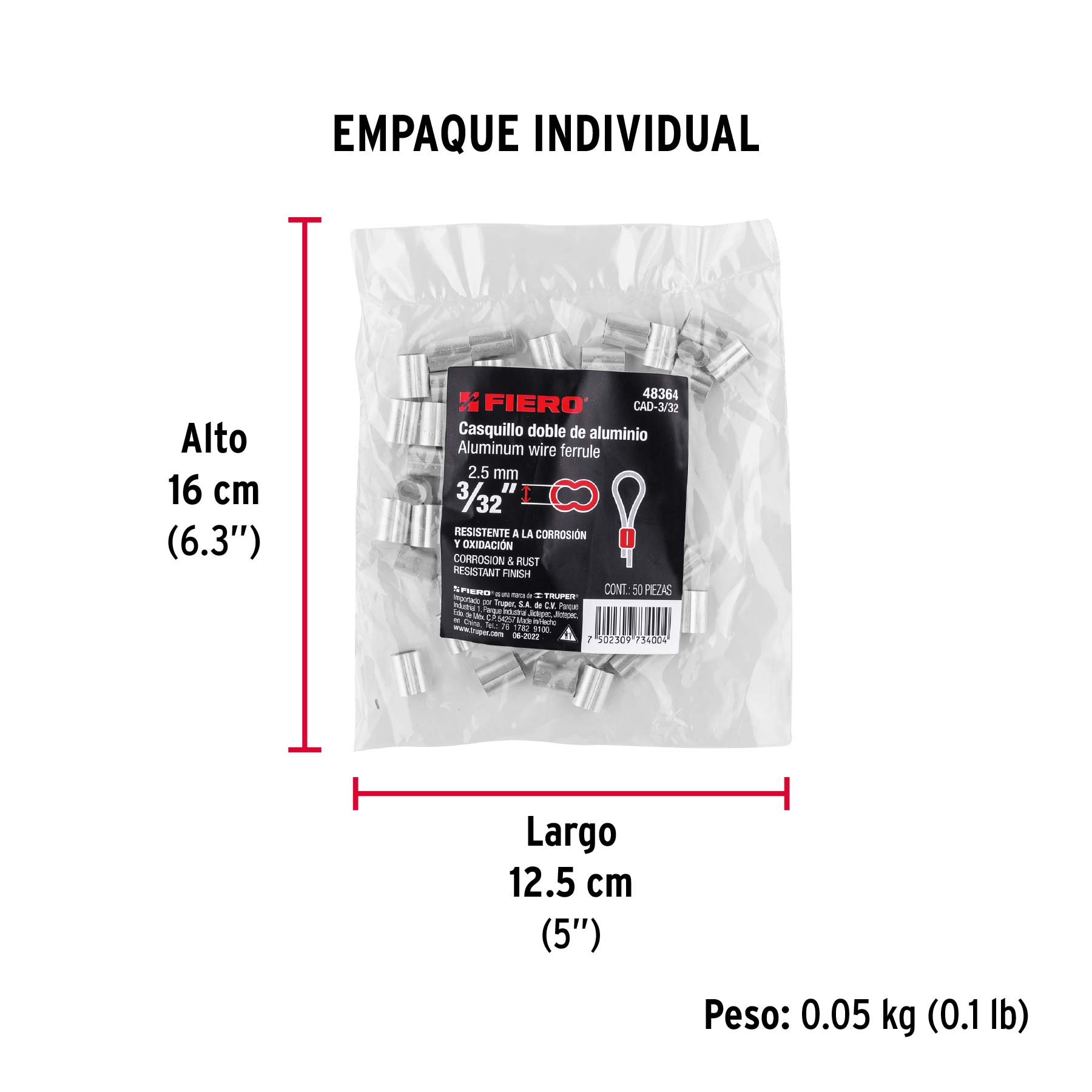 Bolsa con 50 casquillos dobles de aluminio, 3/32', Fiero
