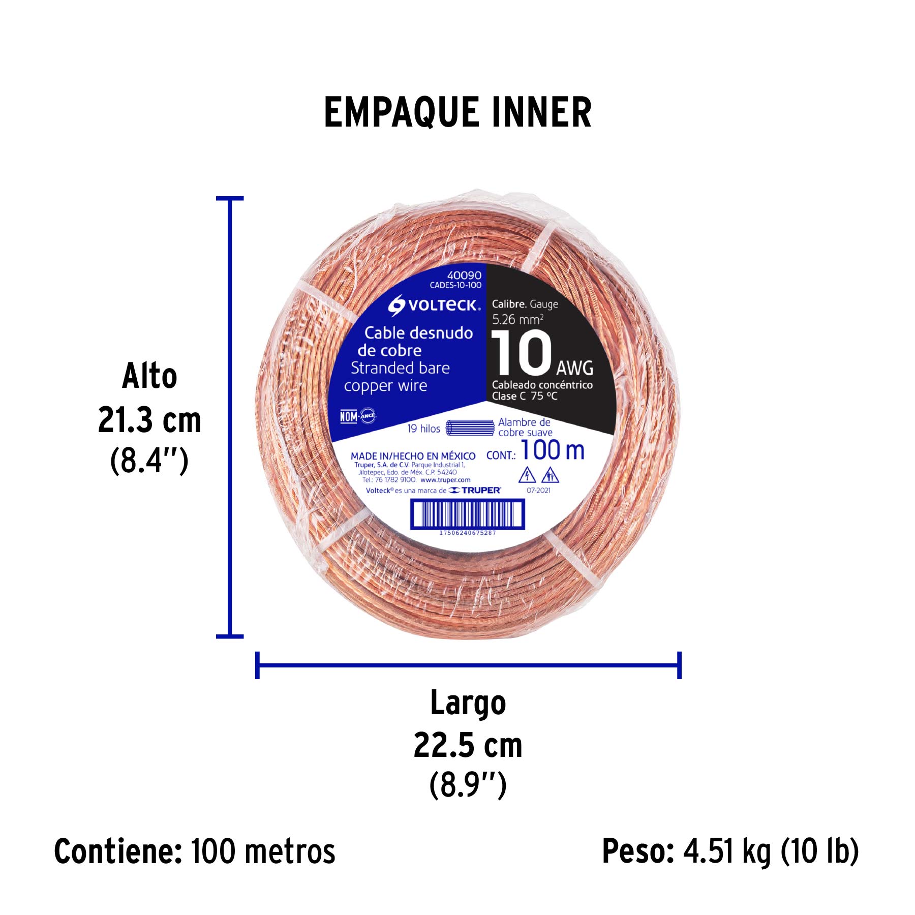 Cable cobre desnudo calibre 10 AWG, 100 m