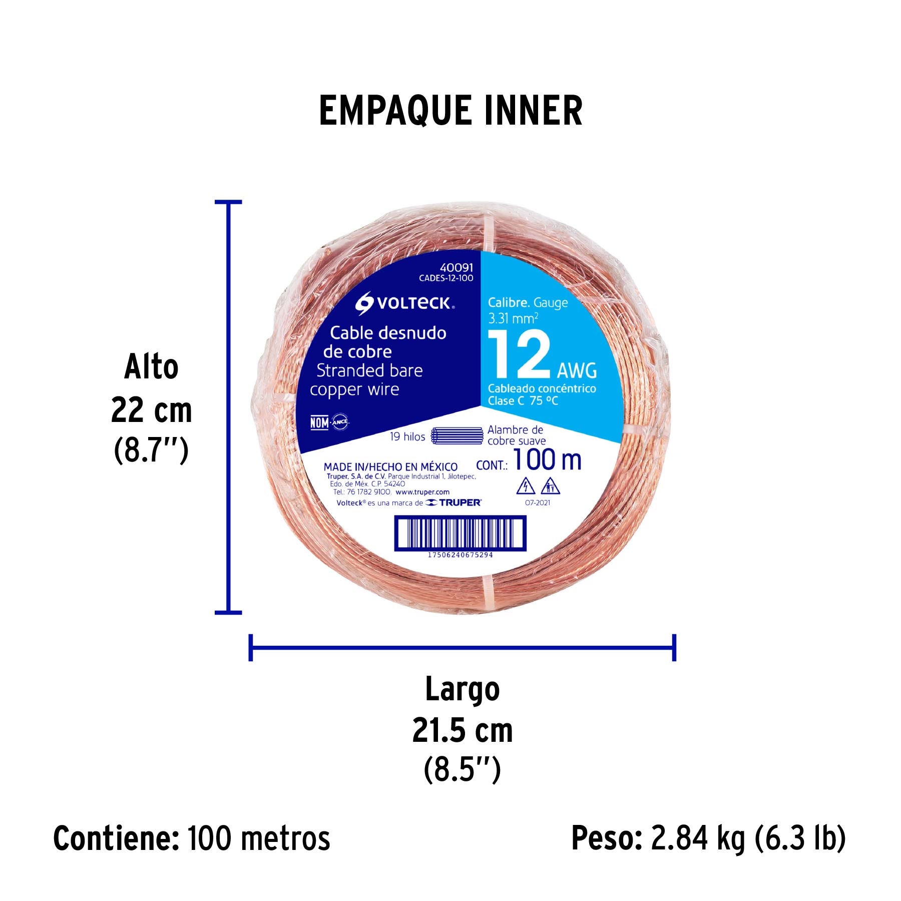 Cable cobre desnudo calibre 12 AWG, 100 m