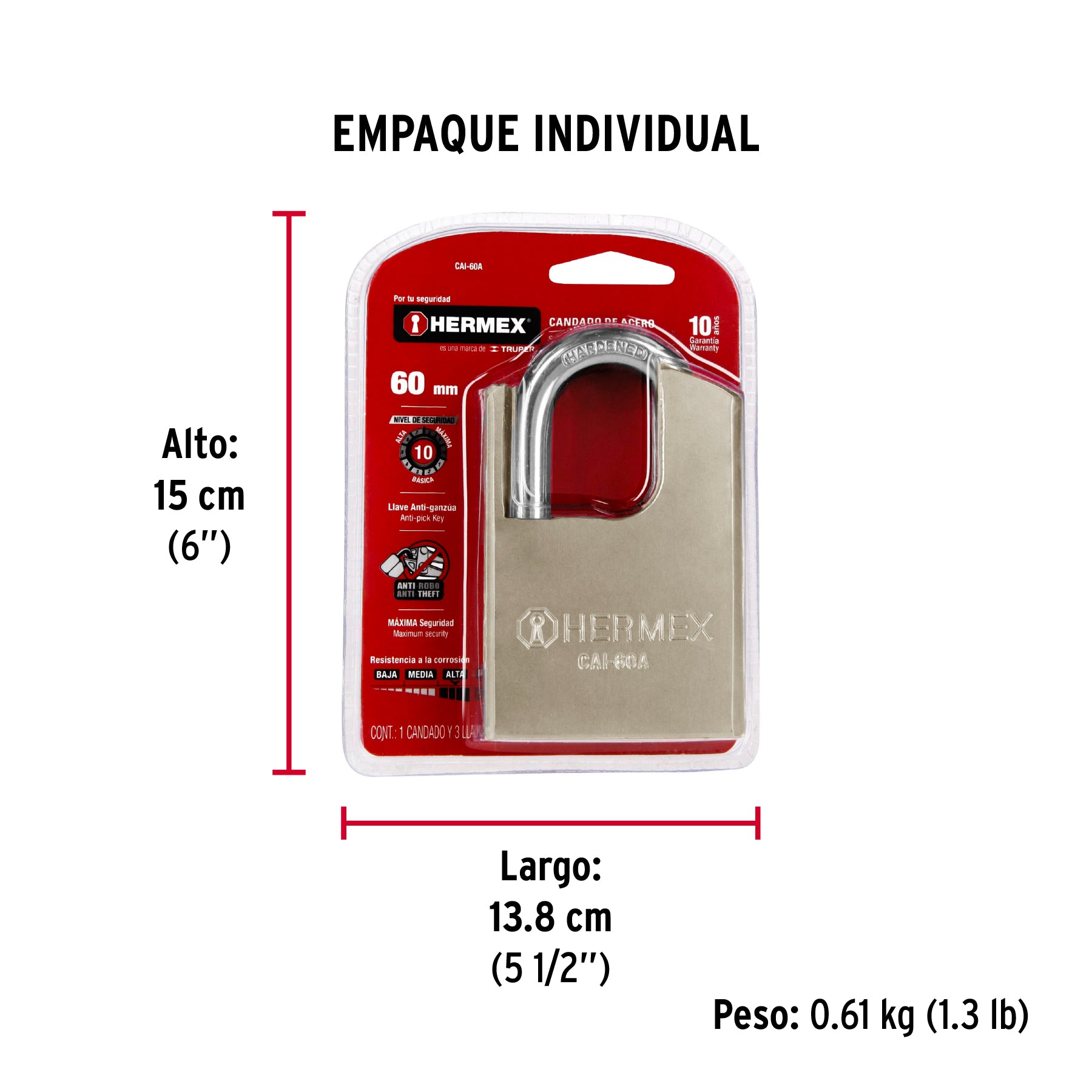 Candado de acero, máxima seguridad, 60mm, llave anti-ganzúa