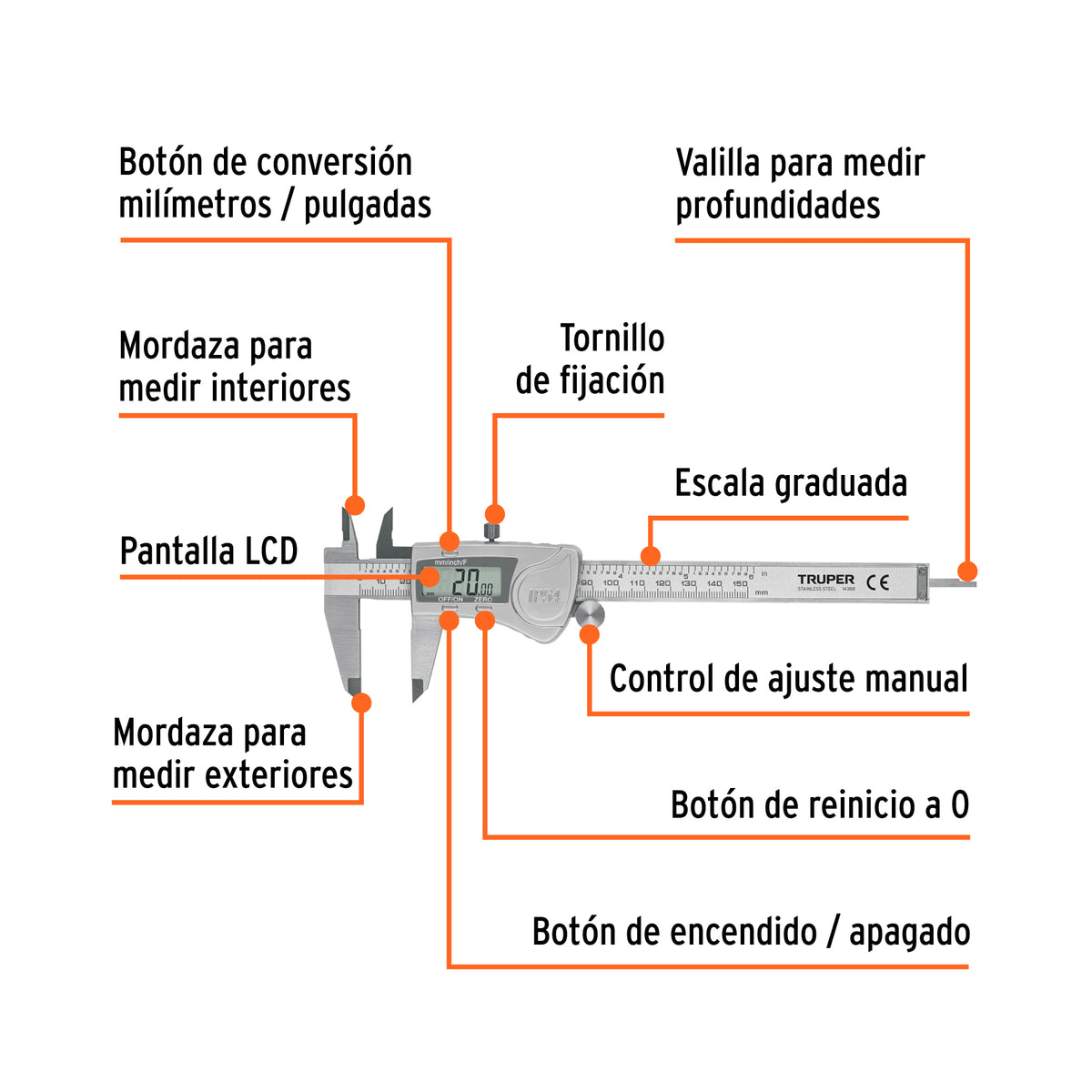 Calibrador digital de 6", milimétrico y standard