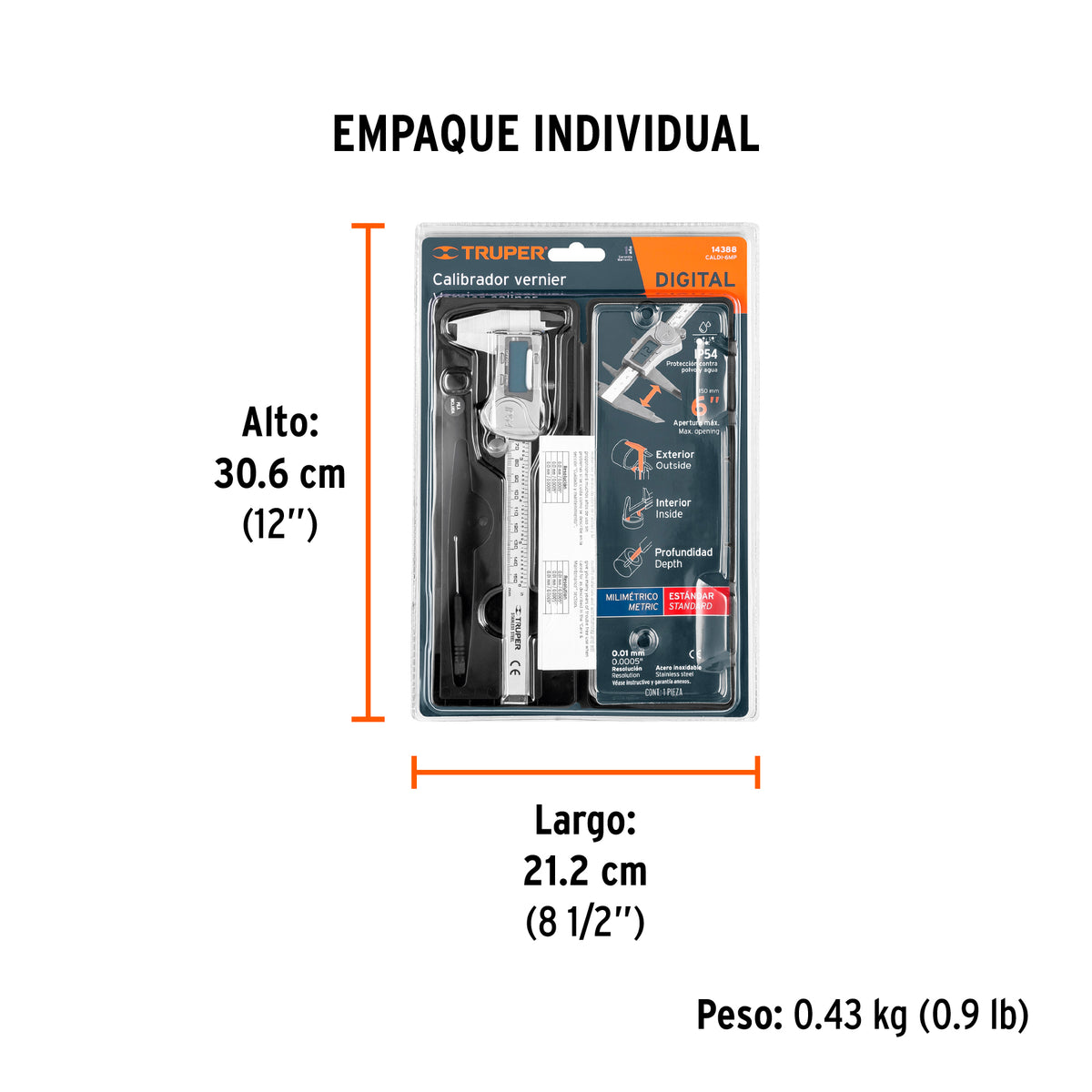 Calibrador digital de 6", milimétrico y standard