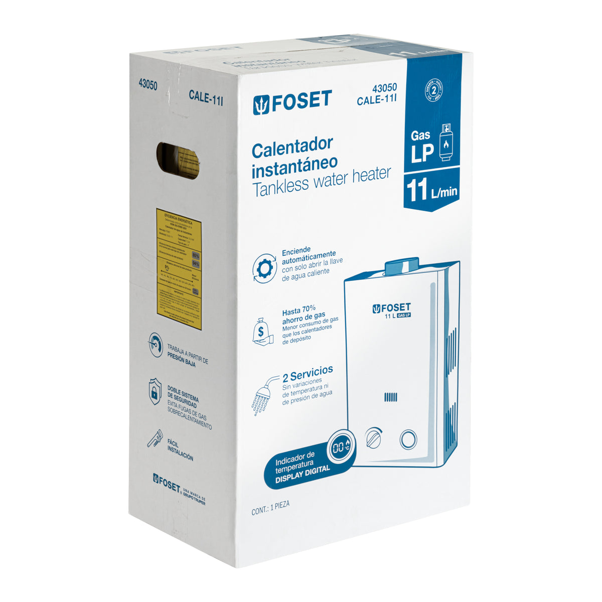 Calentador de paso instantáneo, 11L, gas LP, 1-1/2 servicios