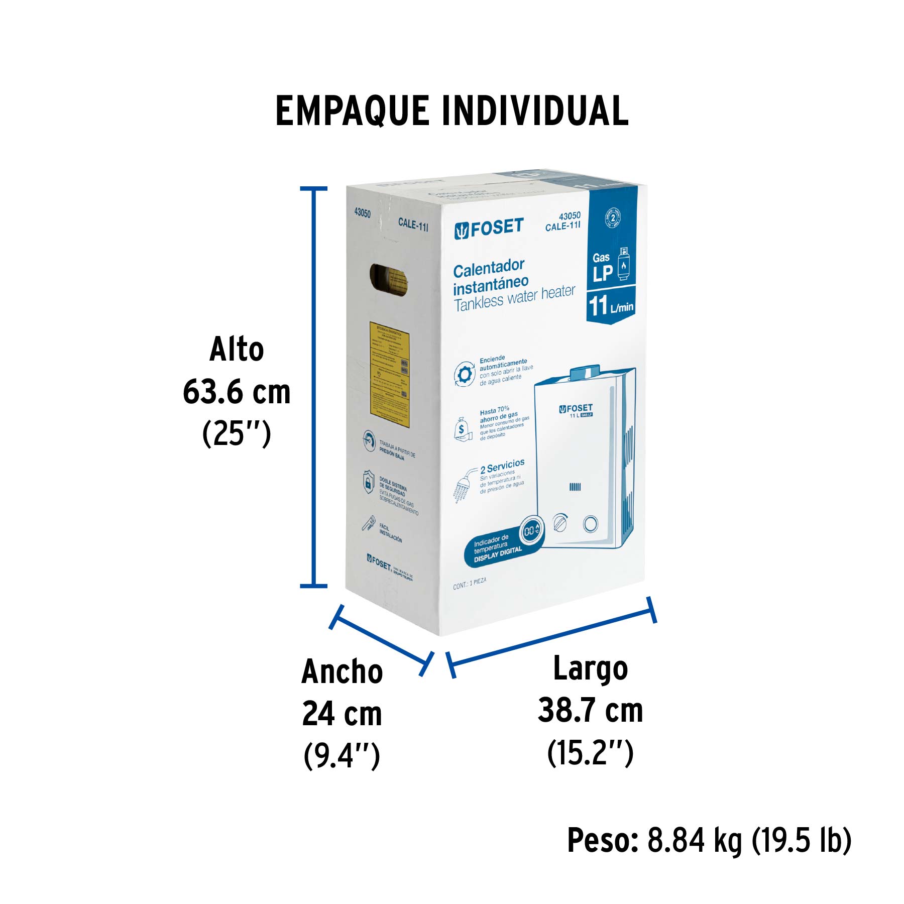 Calentador de paso instantáneo, 11L, gas LP, 1-1/2 servicios