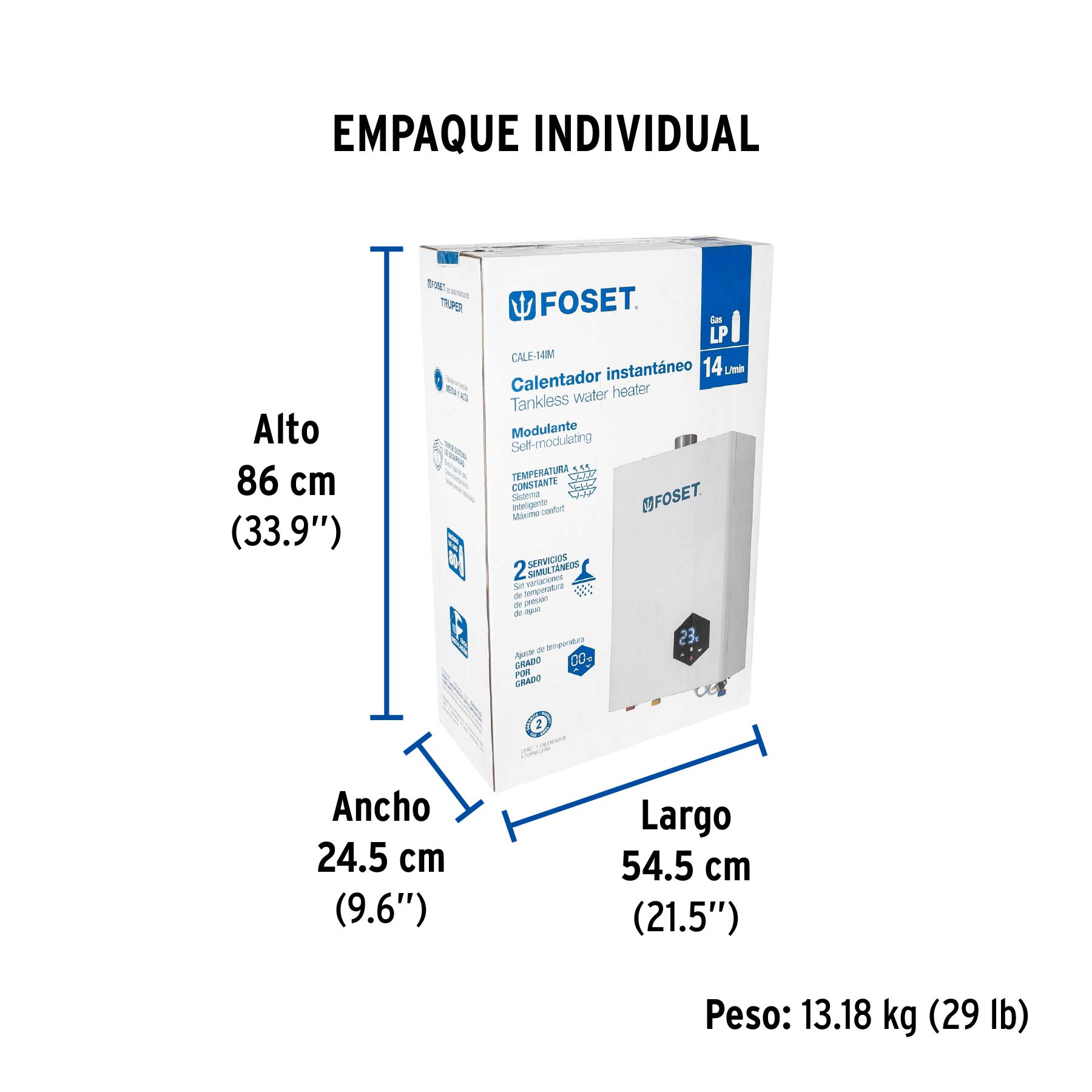 Calentador instantáneo modulante, 14 L, gas LP, 2 servicios