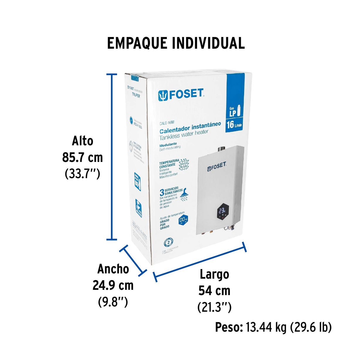 Calentador instantáneo modulante,16 L, gas LP, 3 servicios