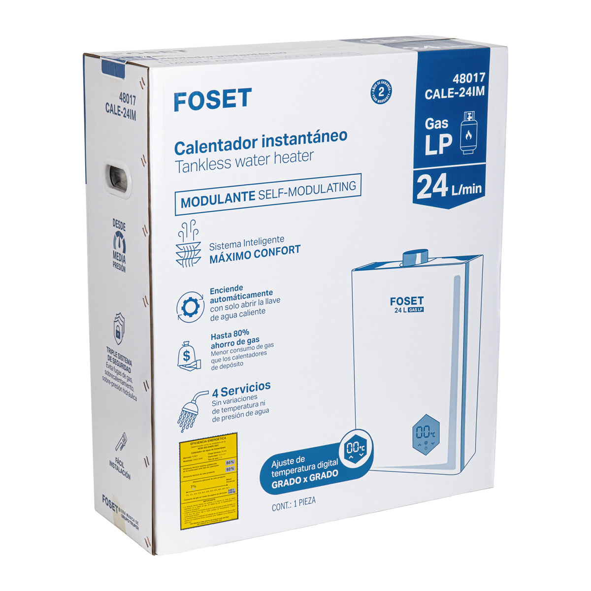Calentador instantáneo modulante,24 L, gas LP, 4 servicios