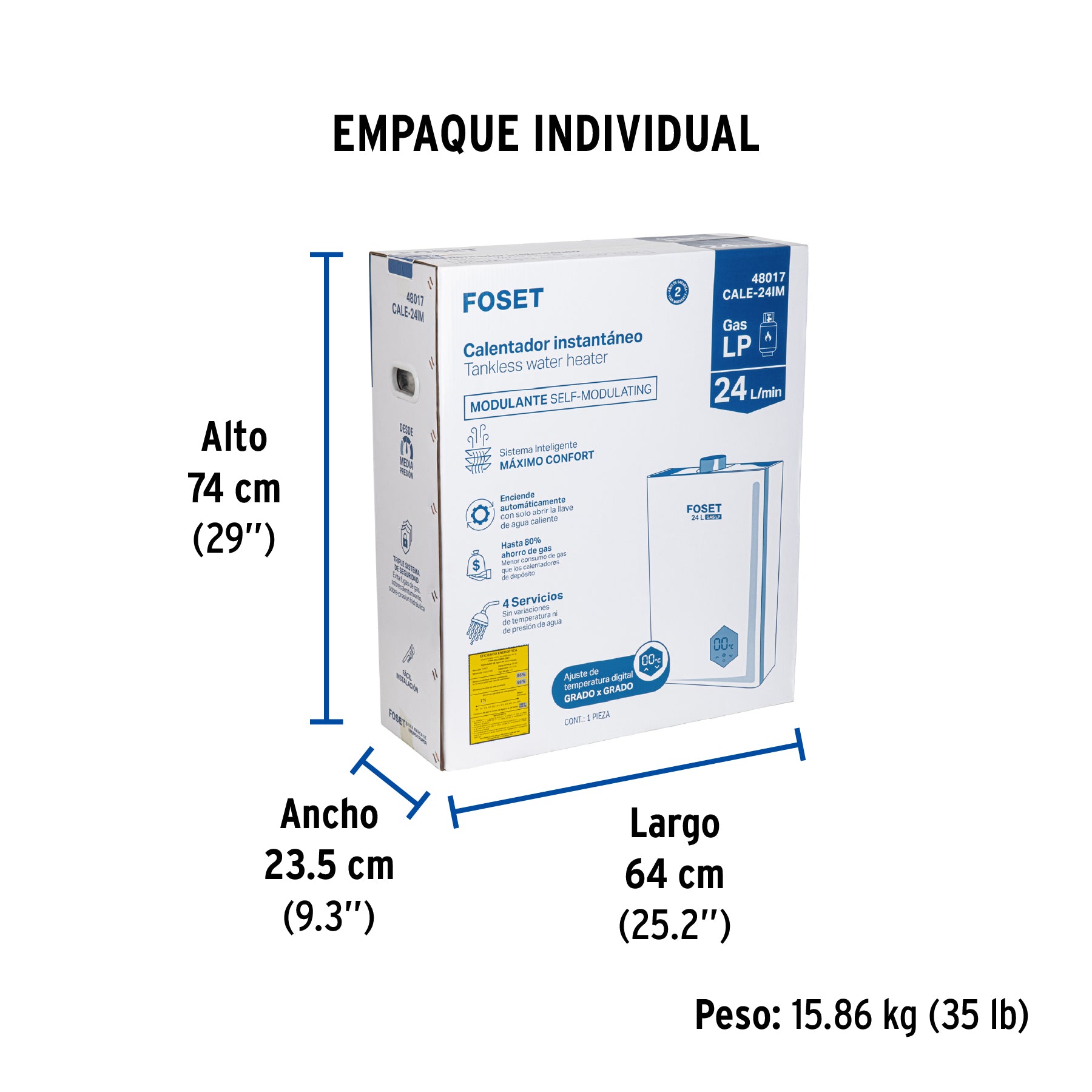 Calentador instantáneo modulante,24 L, gas LP, 4 servicios