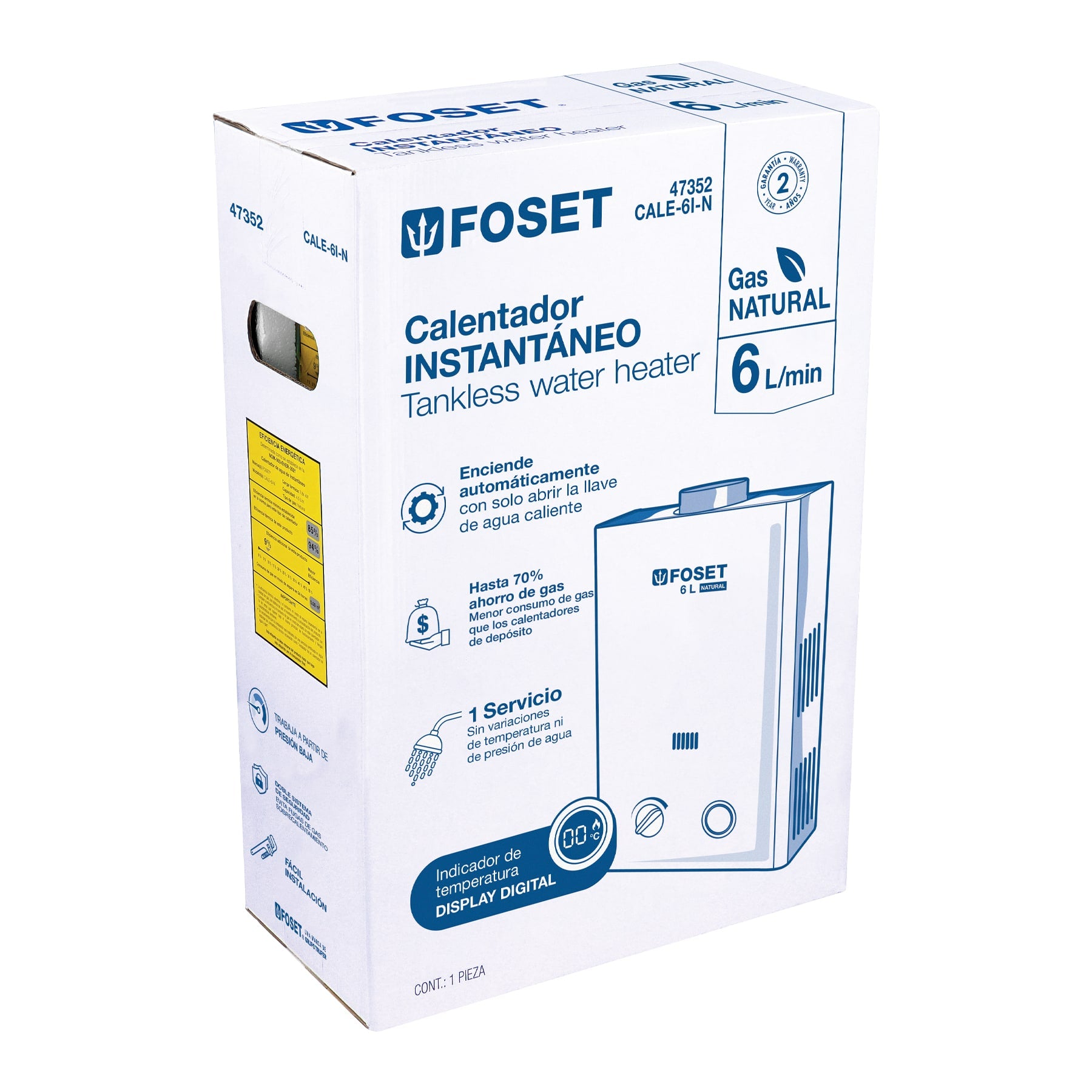 Calentador de Paso Instantáneo, 6L, gas natural, 1 servicio