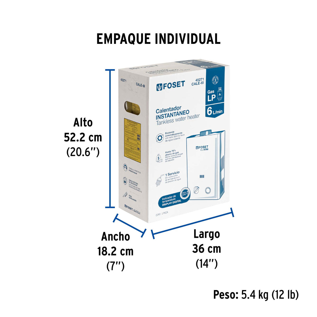 Calentador de paso instantáneo, 6L, gas LP, 1 servicio