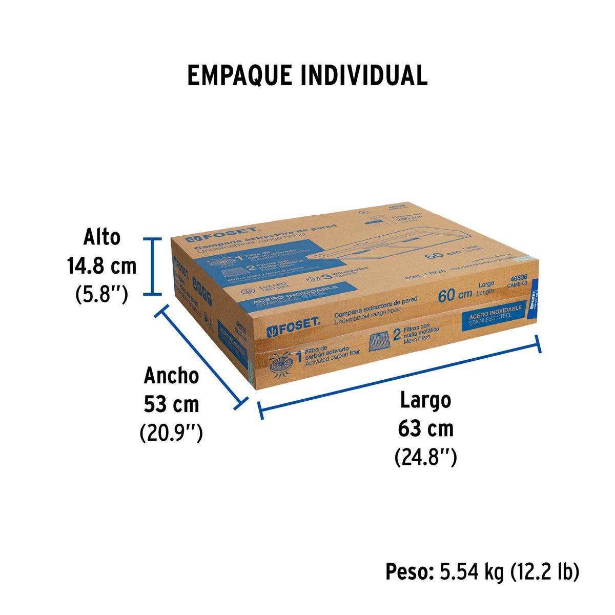 Campana extractora 60 cm, de pared, acero inoxidable, Foset