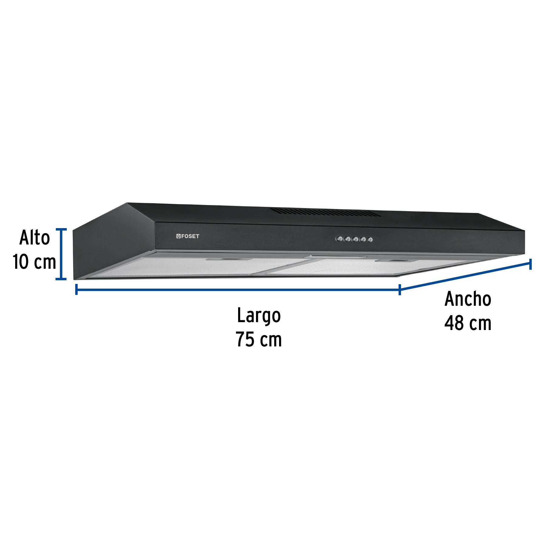 Campana extractora 75 cm, empotrable, negra, Foset