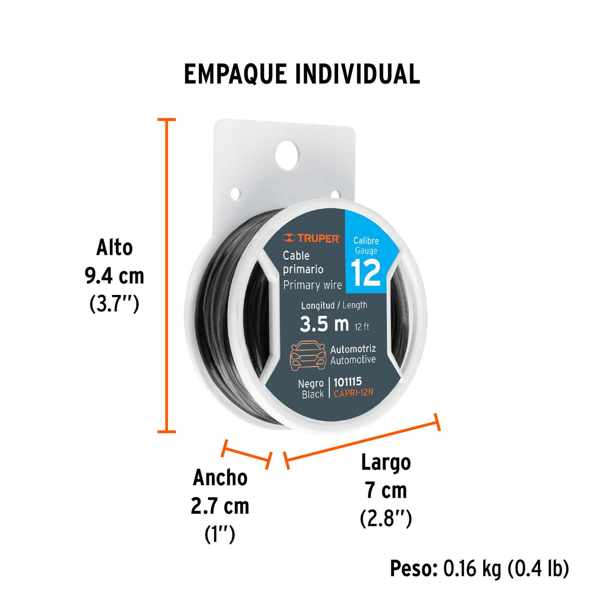 Cable primario, calibre 12, rollo 3.5 m, negro