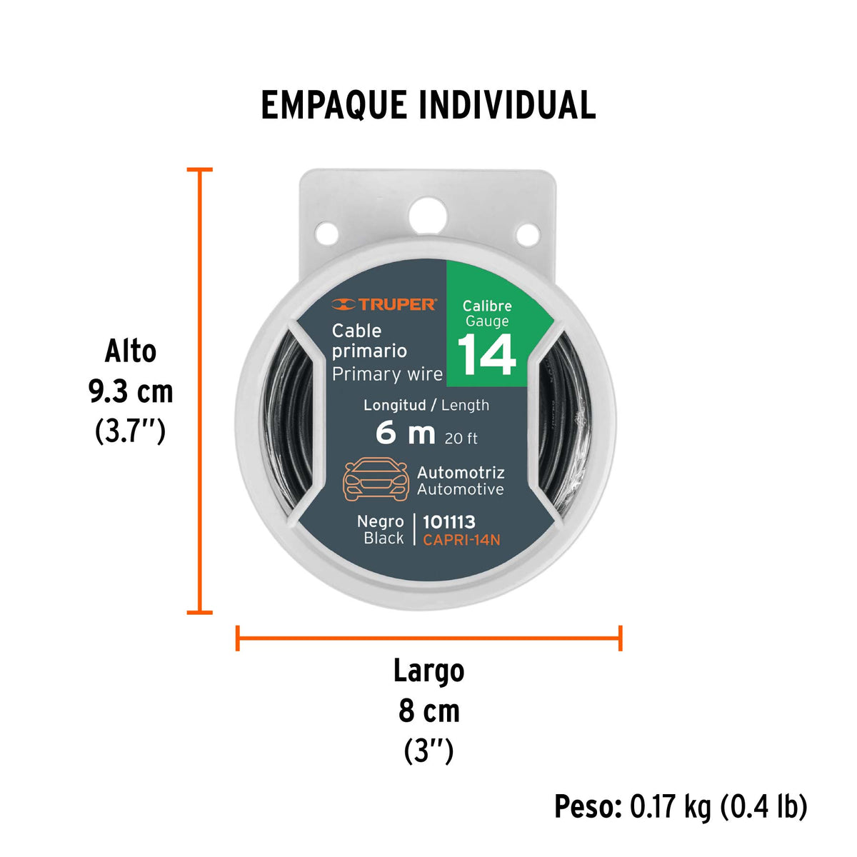 Cable primario, calibre 14, rollo 6 m, negro