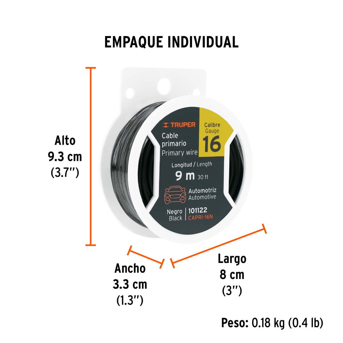 Cable primario, calibre 16, rollo 9 m, negro