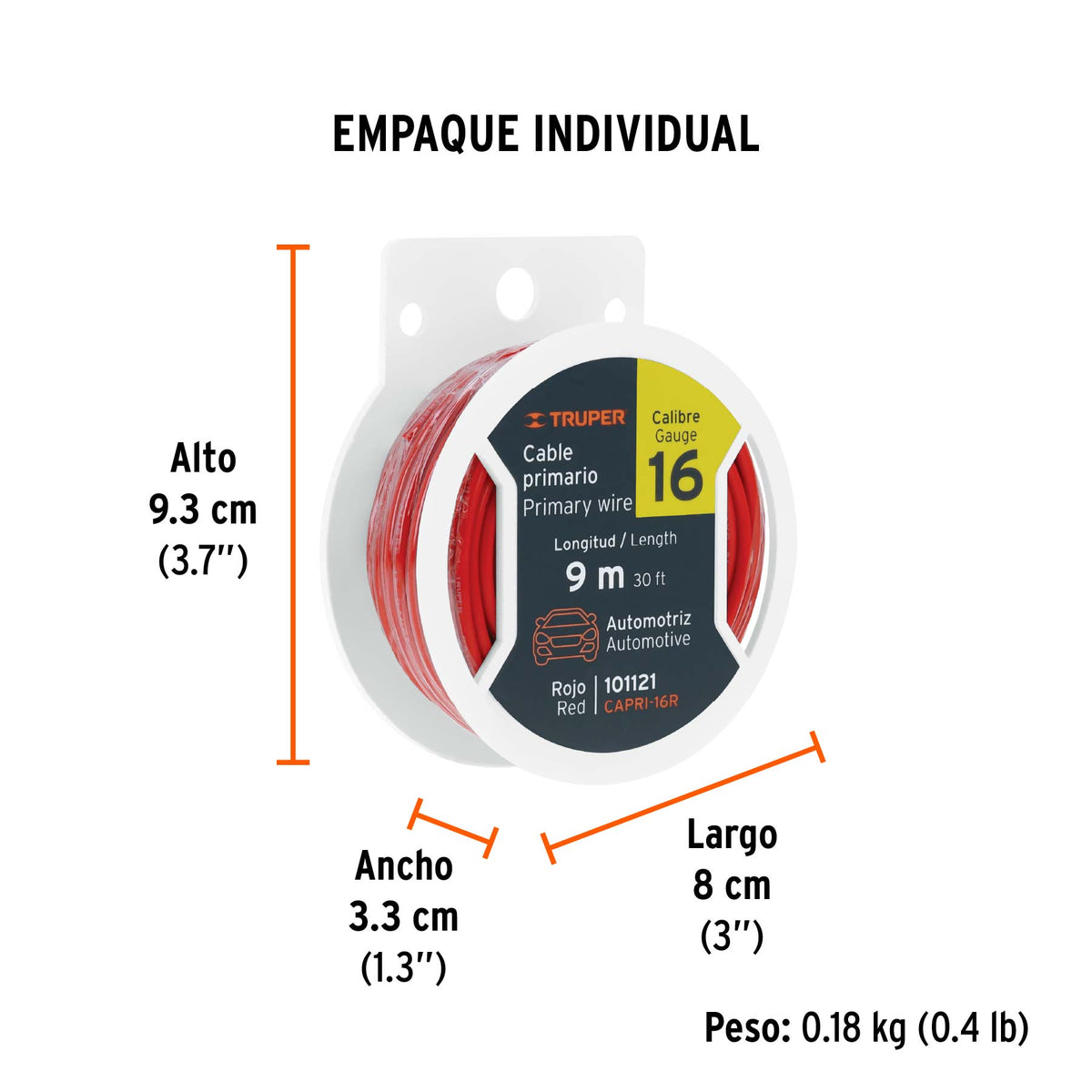 Cable primario, calibre 16, rollo 9 m, rojo