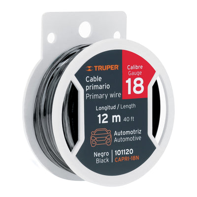 Cable primario, calibre 18, rollo 12 m, negro