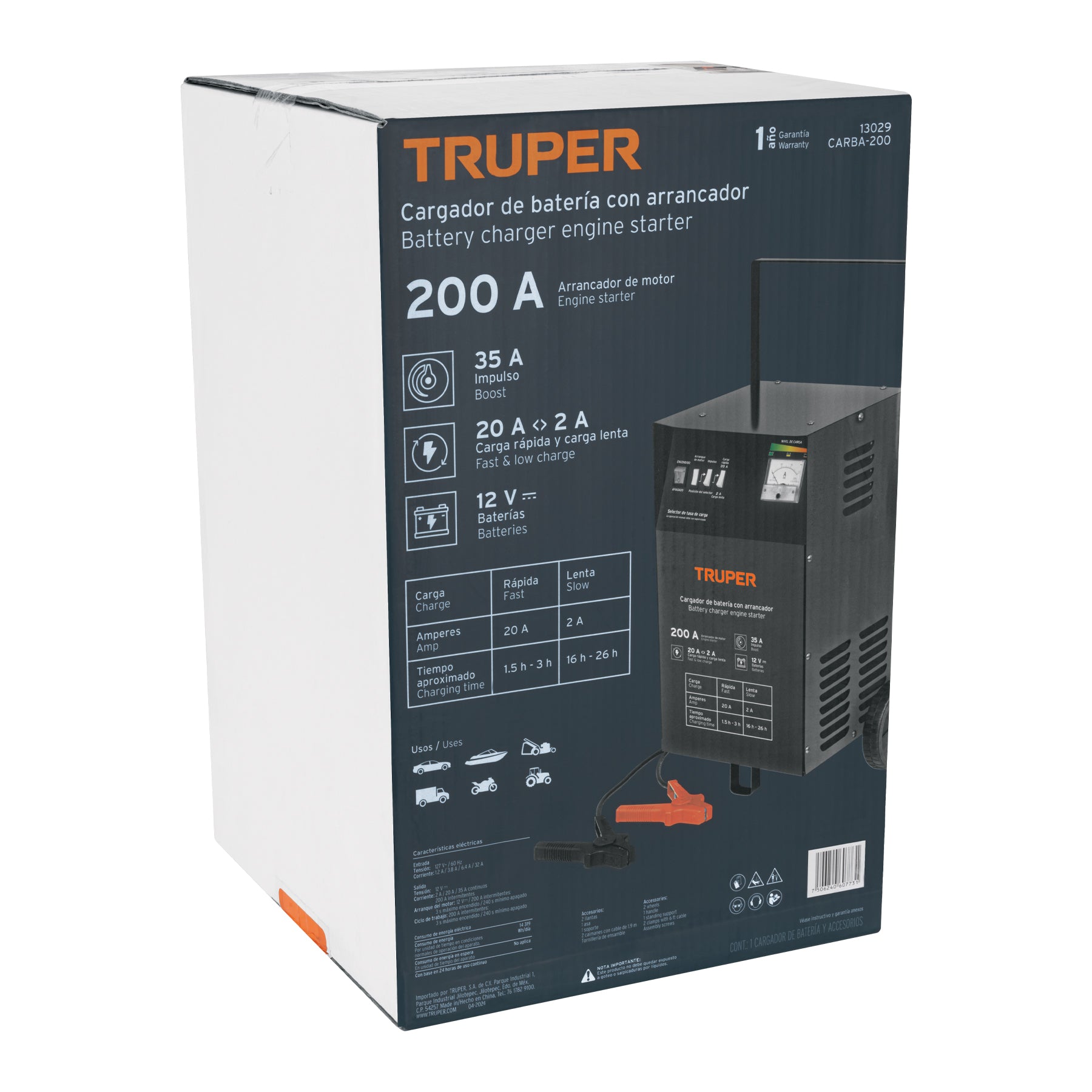 Cargador de baterías con ruedas 12 V, 200 A