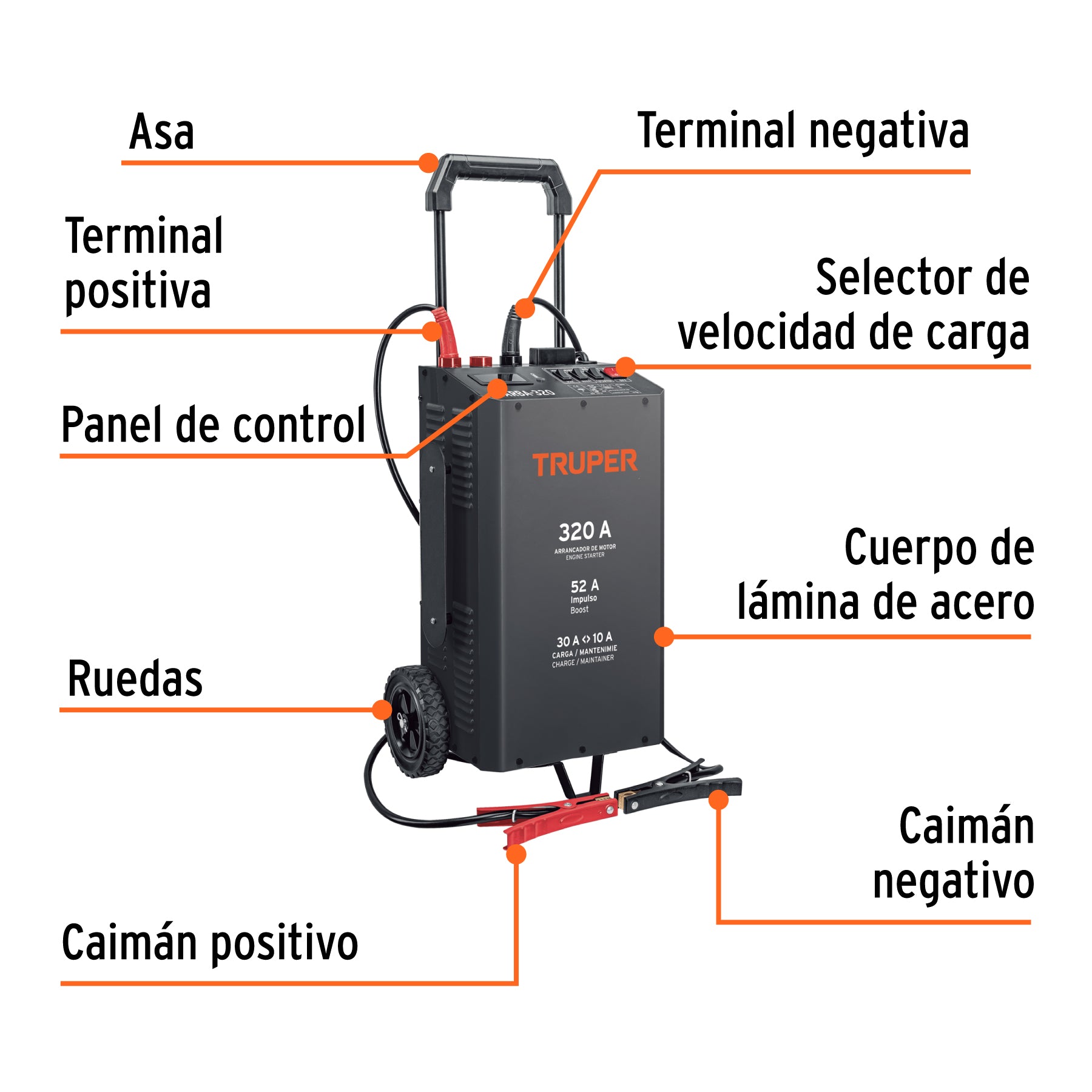 Cargador de baterías 320 A con arrancador, 12V y 24V, TRUPER