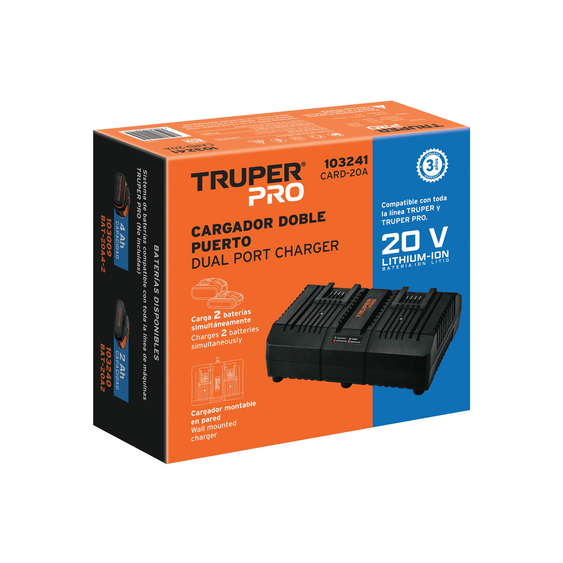 Cargador dual de baterías de ion litio 20V, TRUPER PRO