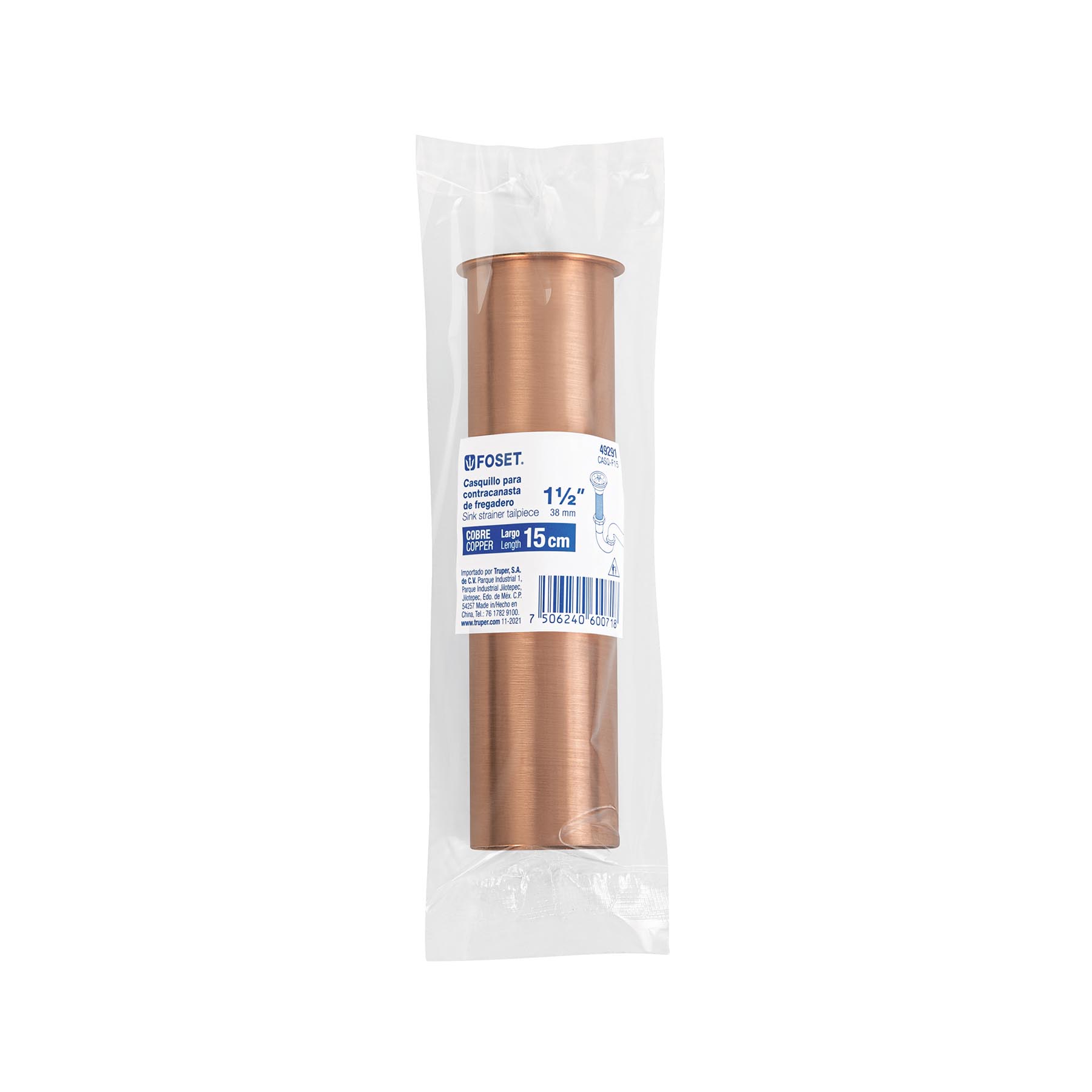 Casquillo de cobre p/ contracanasta fregadero, 15 cm, 1-1/2"
