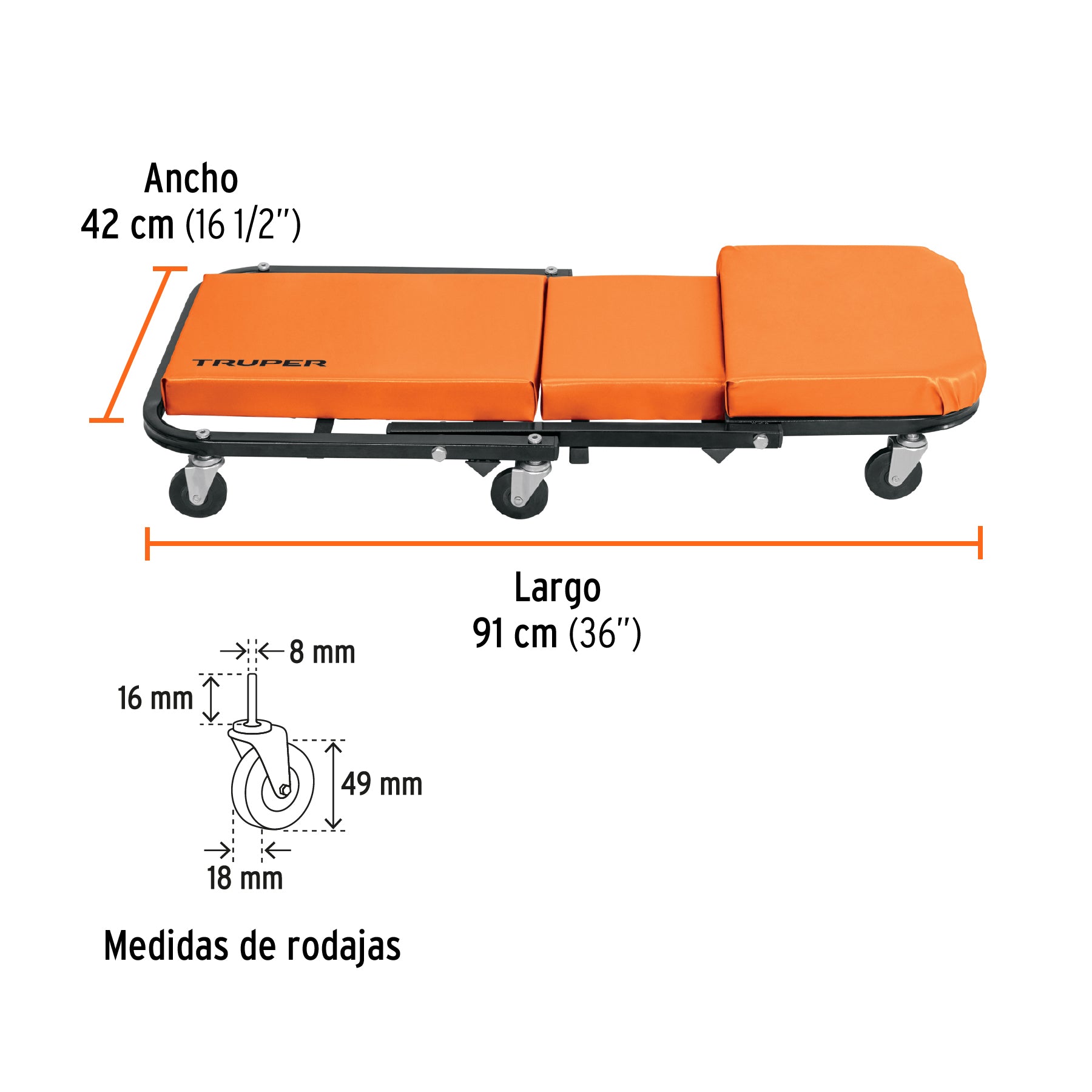 Cama / banco de 36' para mecánico, Truper