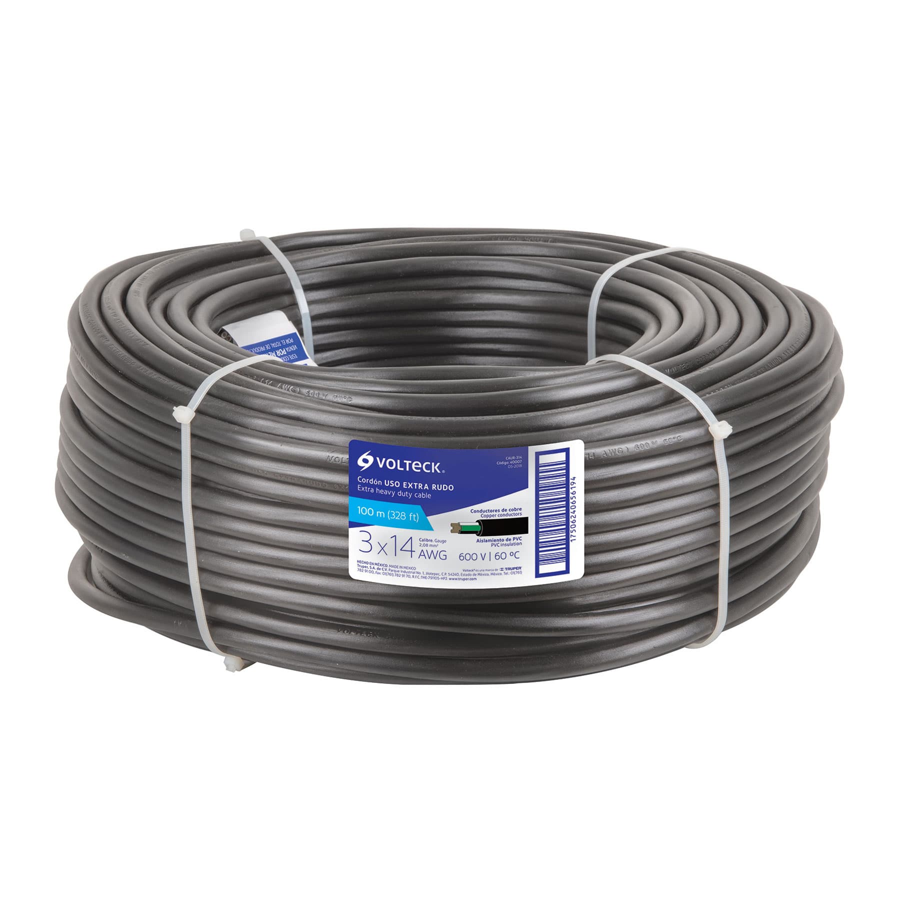 Cable uso rudo, 3 conductores, calibre 14, rollo de 100 m.