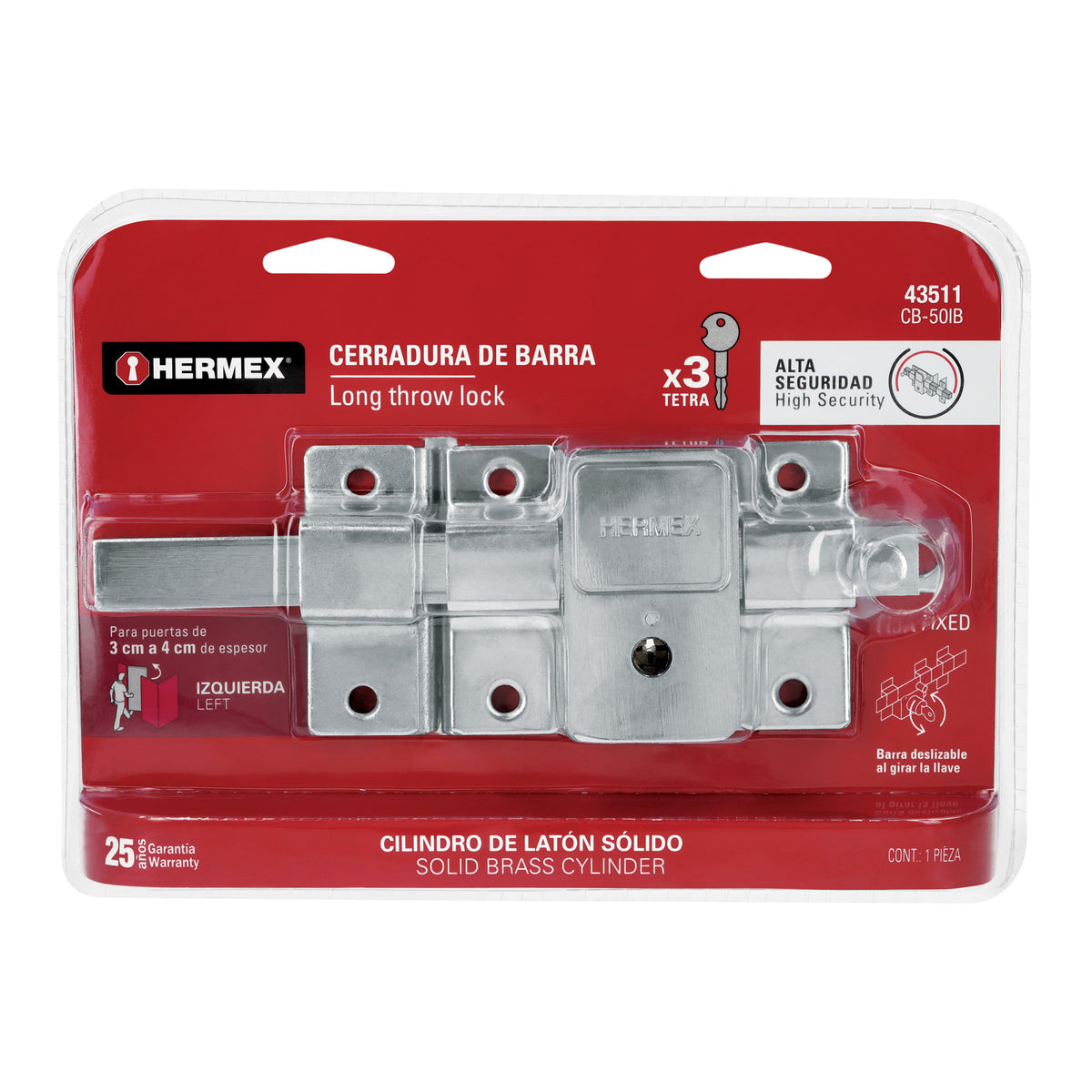 Cerradura barra, llave tetra, izquierda, blister