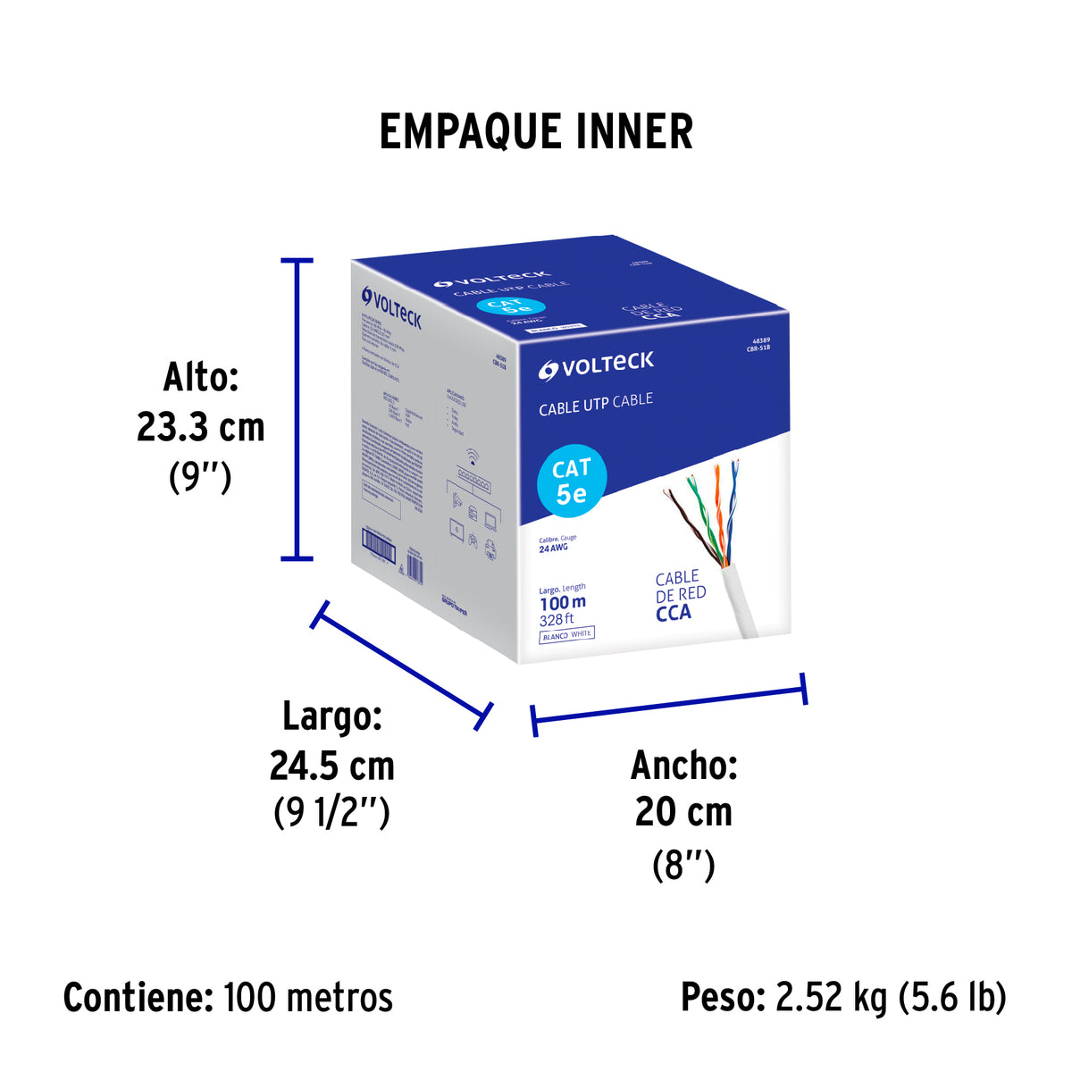 Metro de cable UTP CAT5E, Bobina de 100m, blanco, VOLTECK