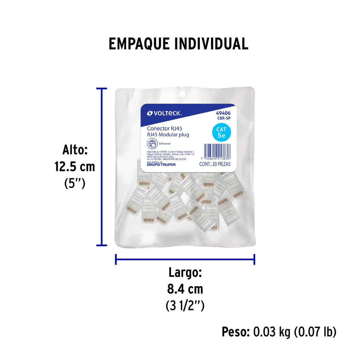 Plug RJ45 CAT5E, Bolsa con 20 piezas, VOLTECK