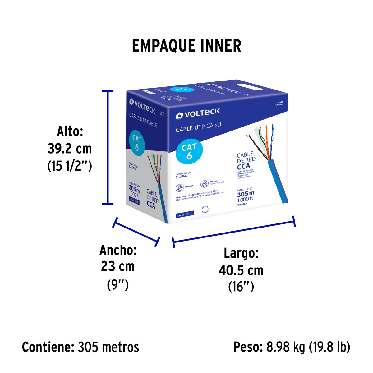 Metro de cable UTP CAT6, Bobina de 305m, azul, VOLTECK