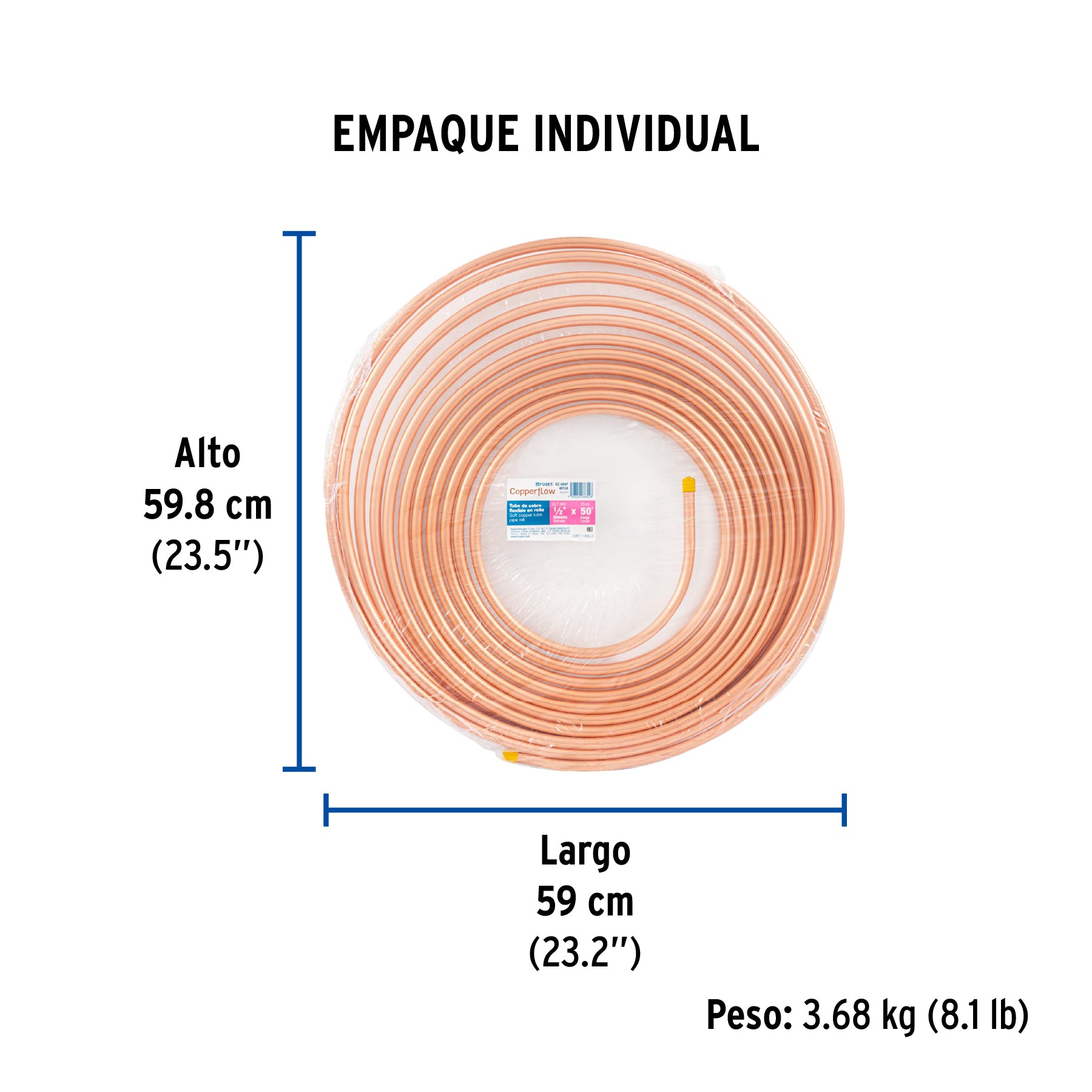 Tubo de cobre flexible, 1/2", rollo 15 metros
