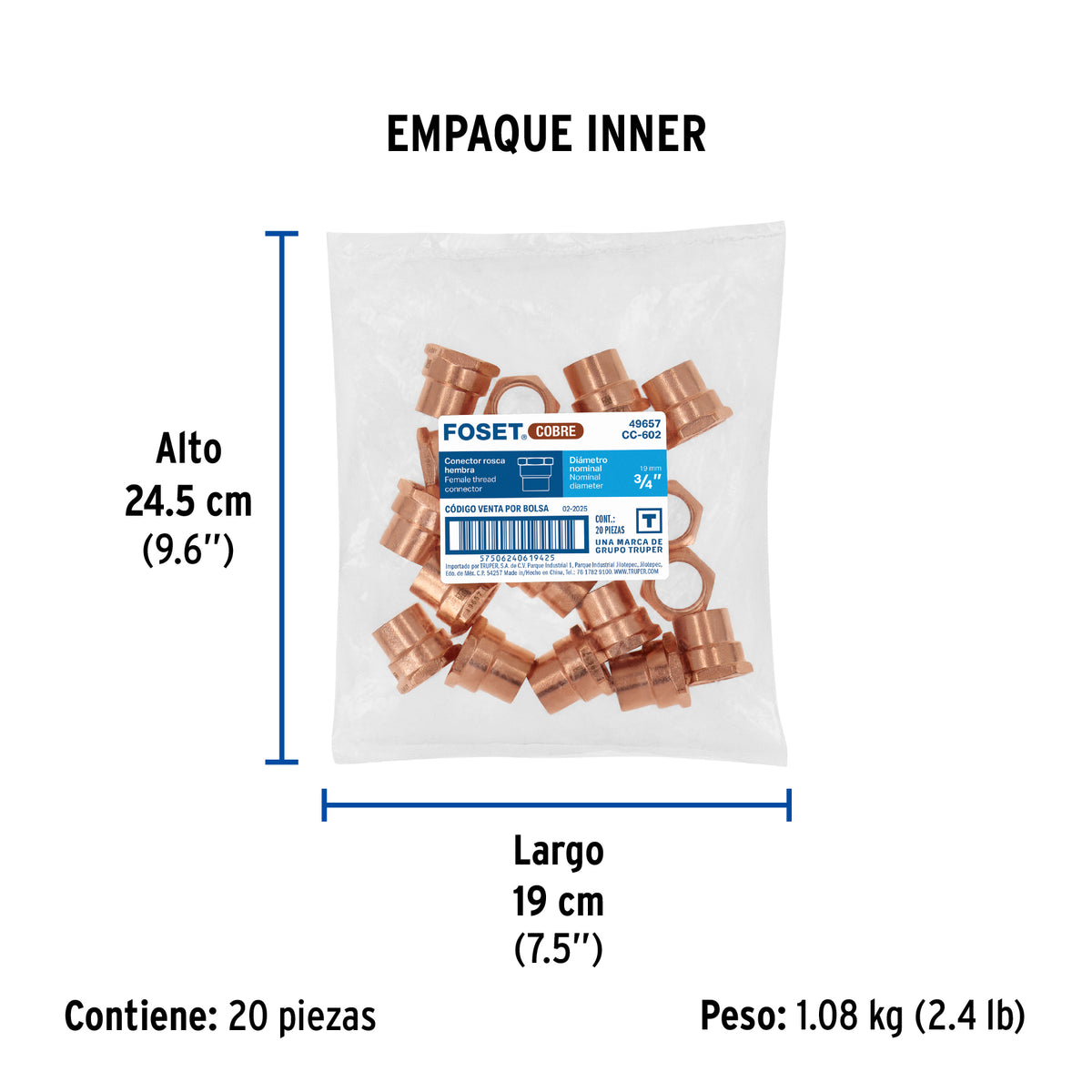 Conector de cobre, rosca interior 3/4"