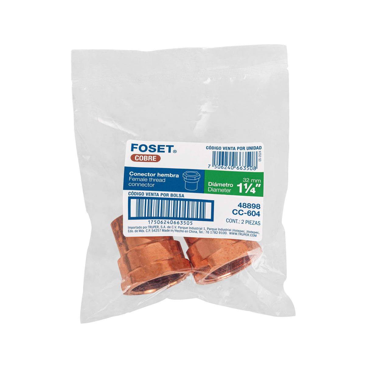 Conector de cobre, rosca interior 1-1/4"