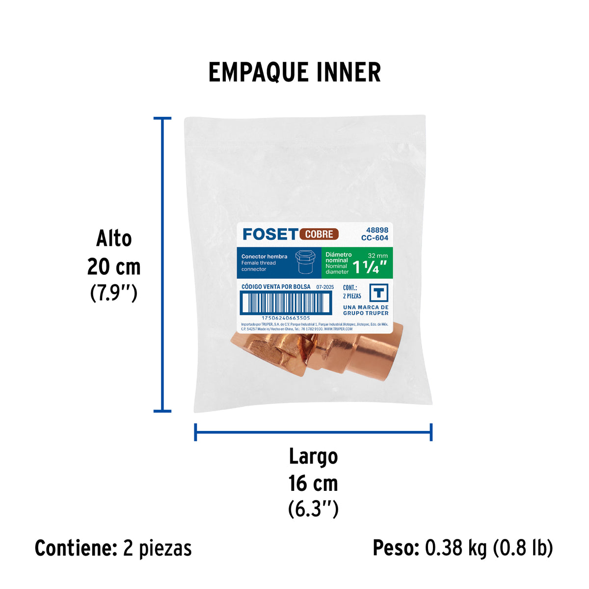 Conector de cobre, rosca interior 1-1/4"