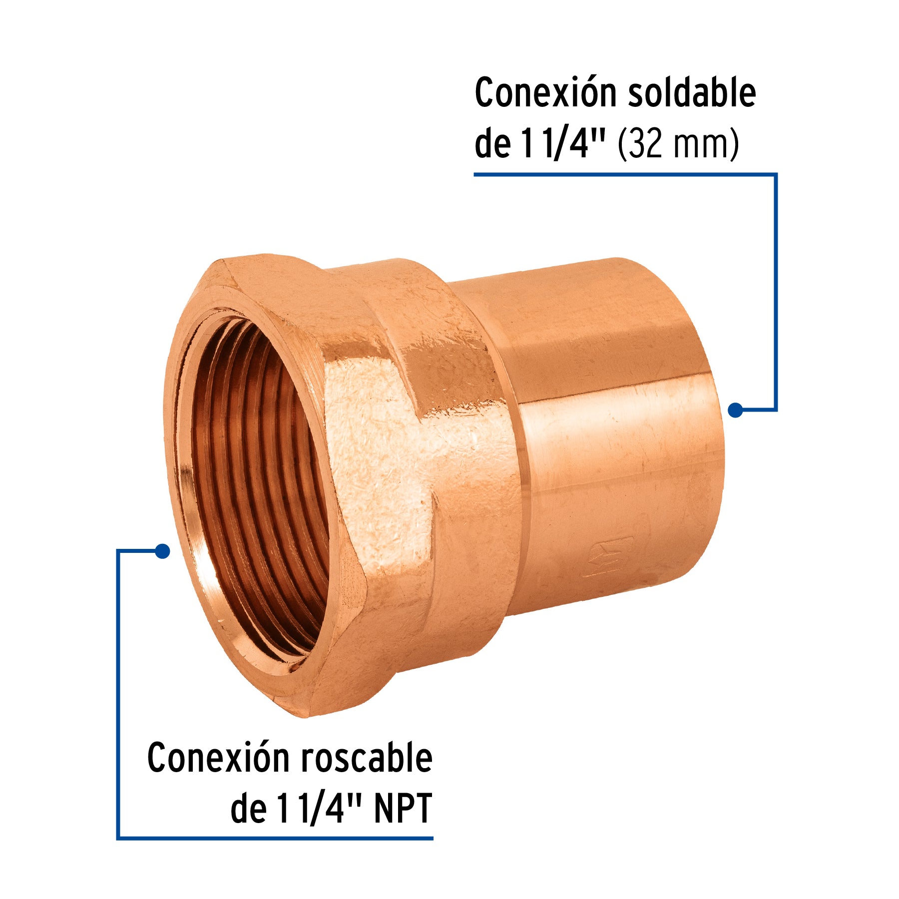 Conector de cobre, rosca interior 1-1/4"
