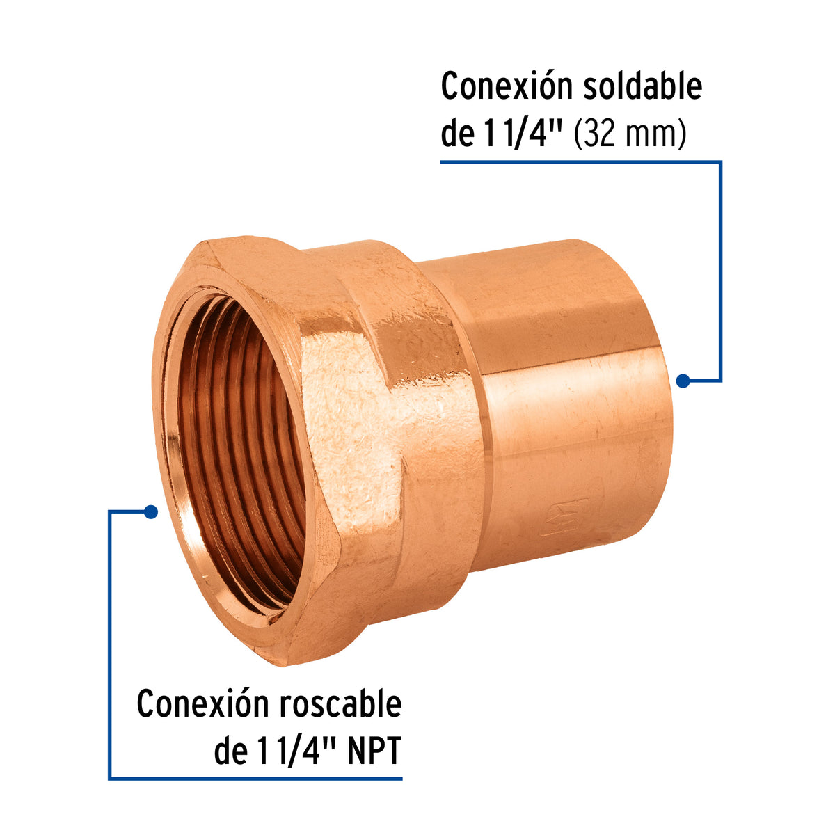 Conector de cobre, rosca interior 1-1/4"