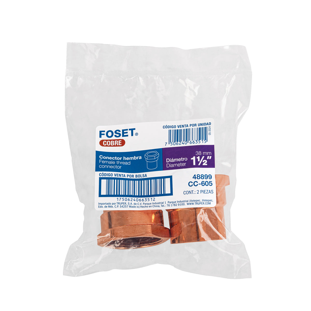 Conector de cobre, rosca interior 1-1/2"