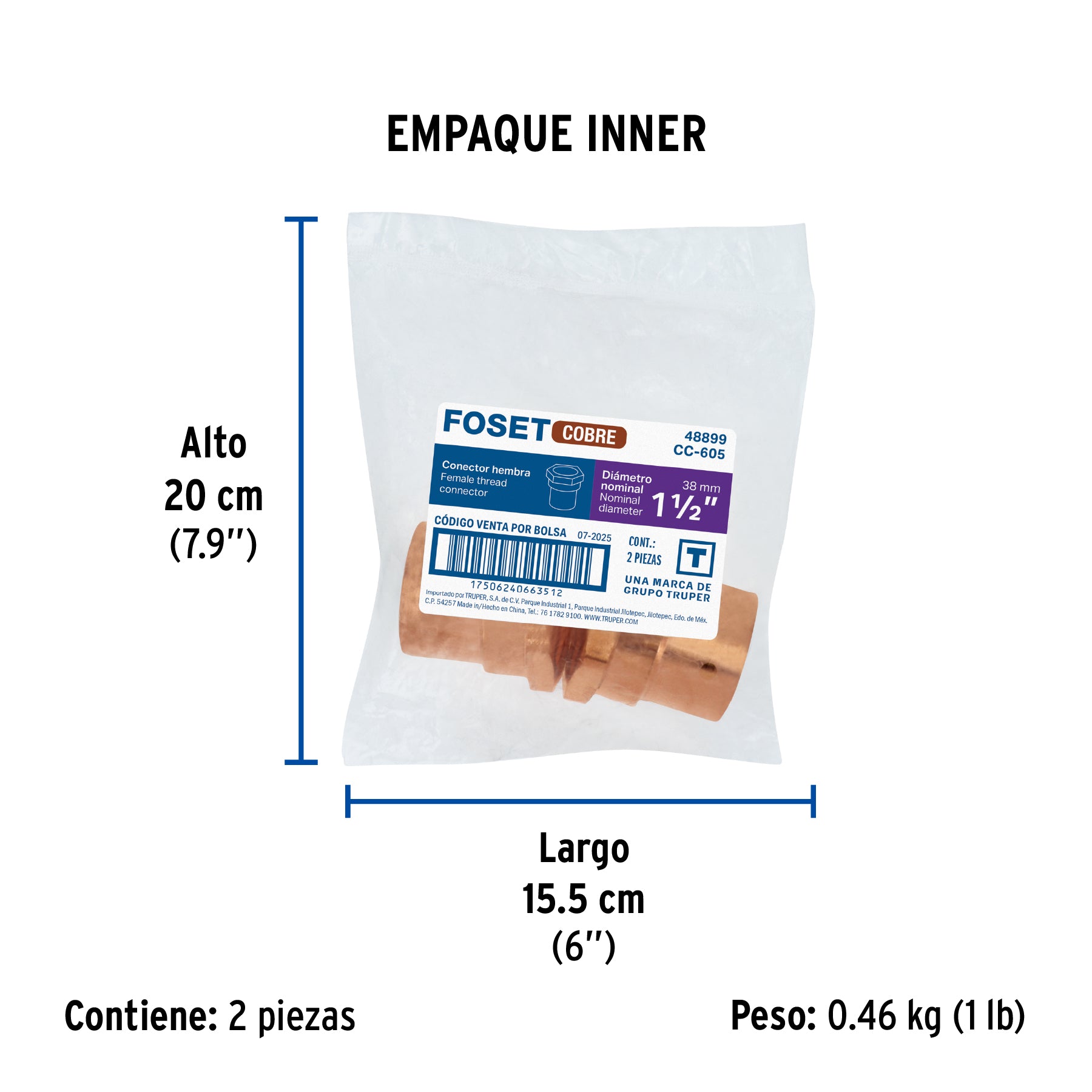 Conector de cobre, rosca interior 1-1/2"
