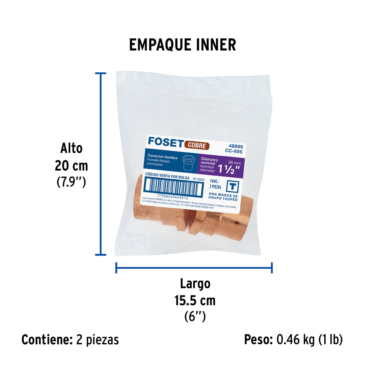 Conector de cobre, rosca interior 1-1/2"