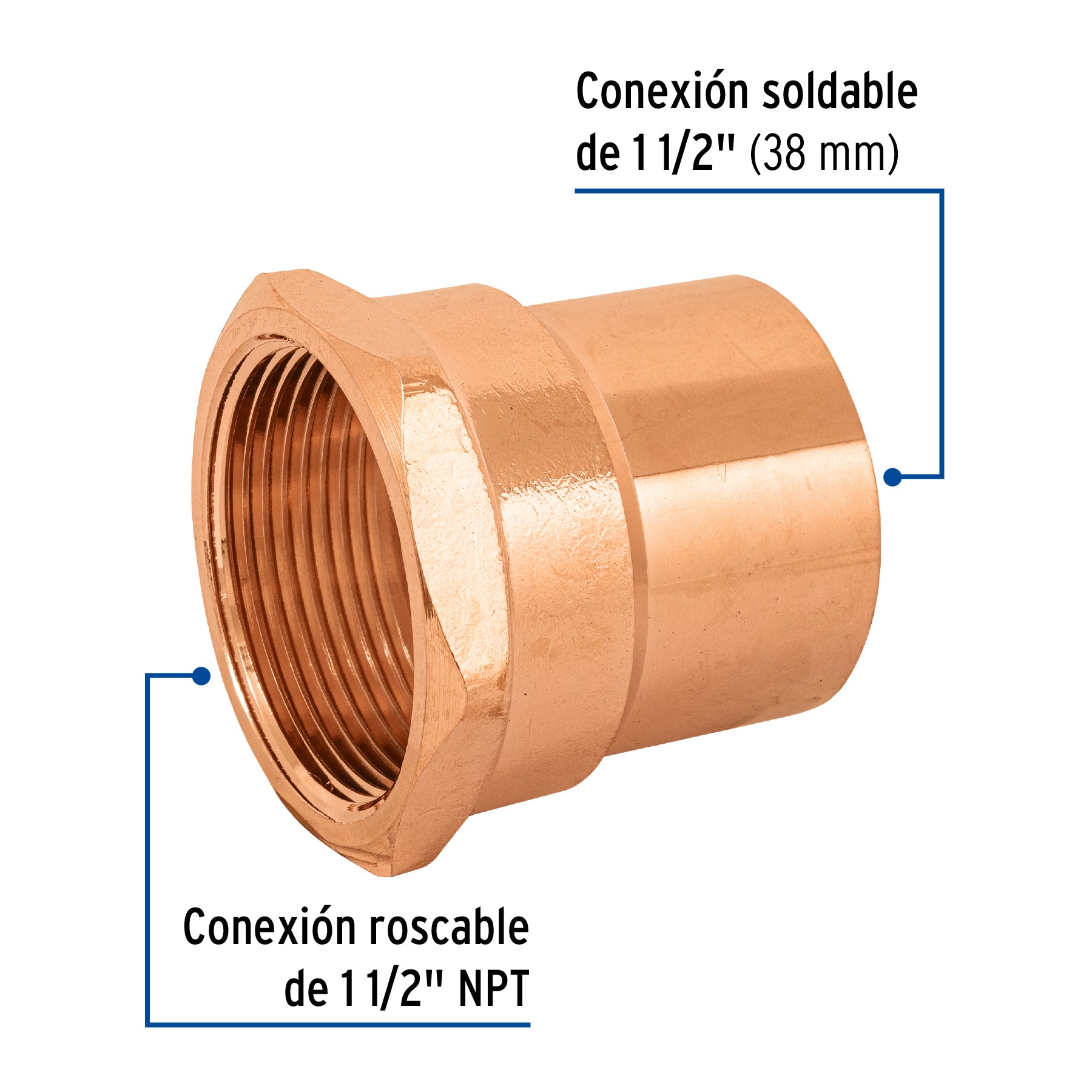 Conector de cobre, rosca interior 1-1/2"