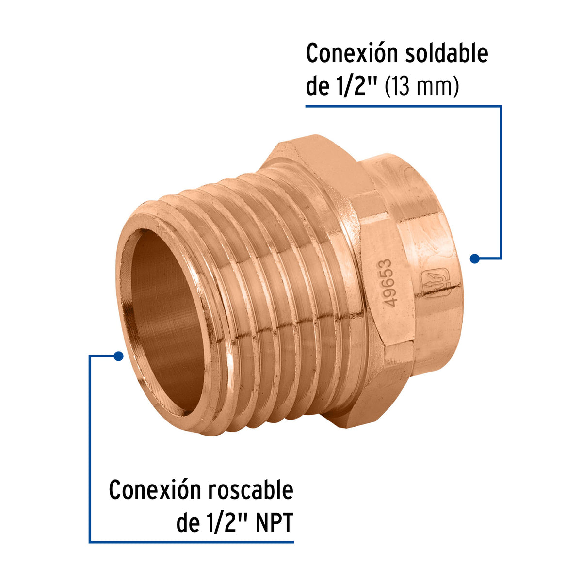 Conector de cobre, rosca exterior 1/2"