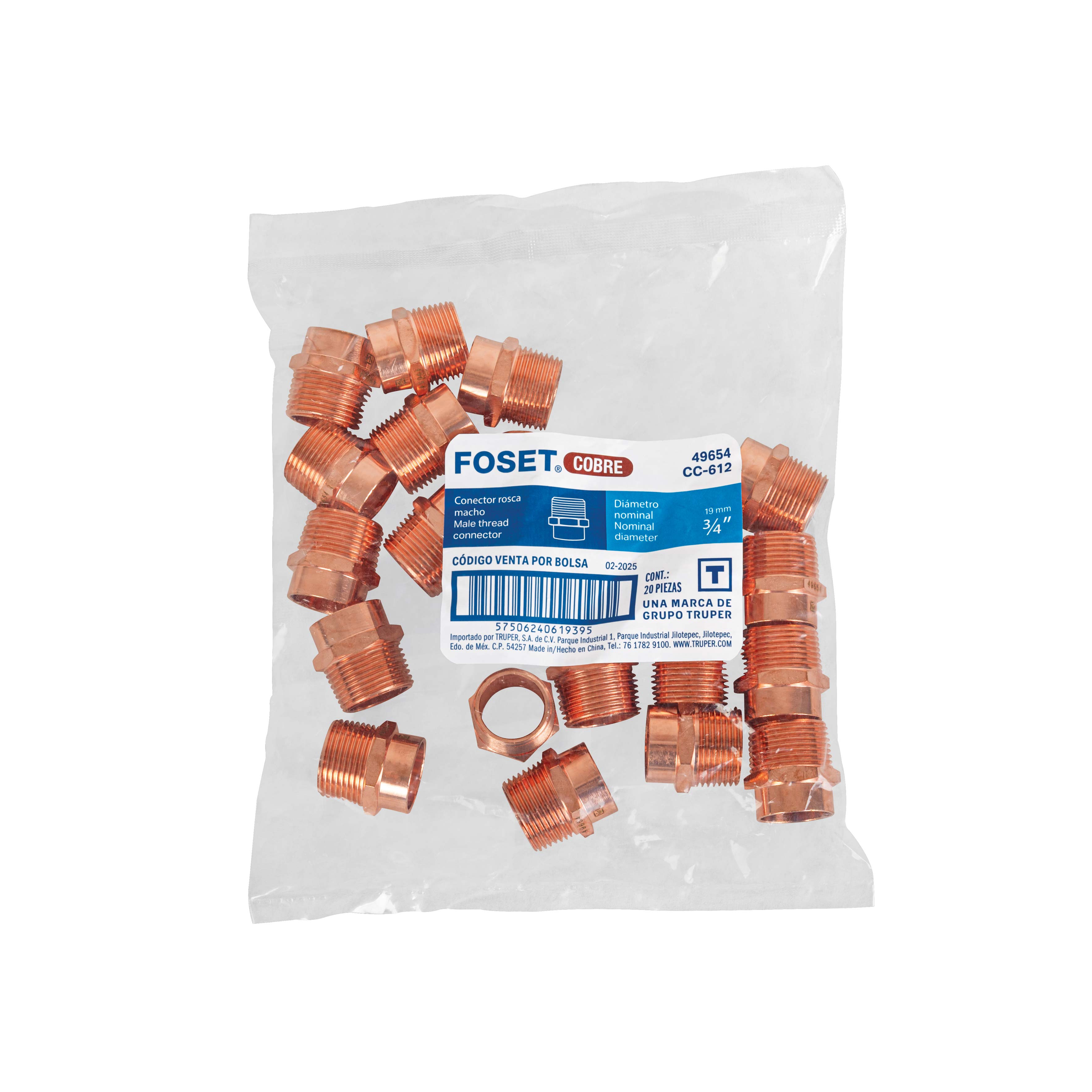 Conector de cobre, rosca exterior 3/4"